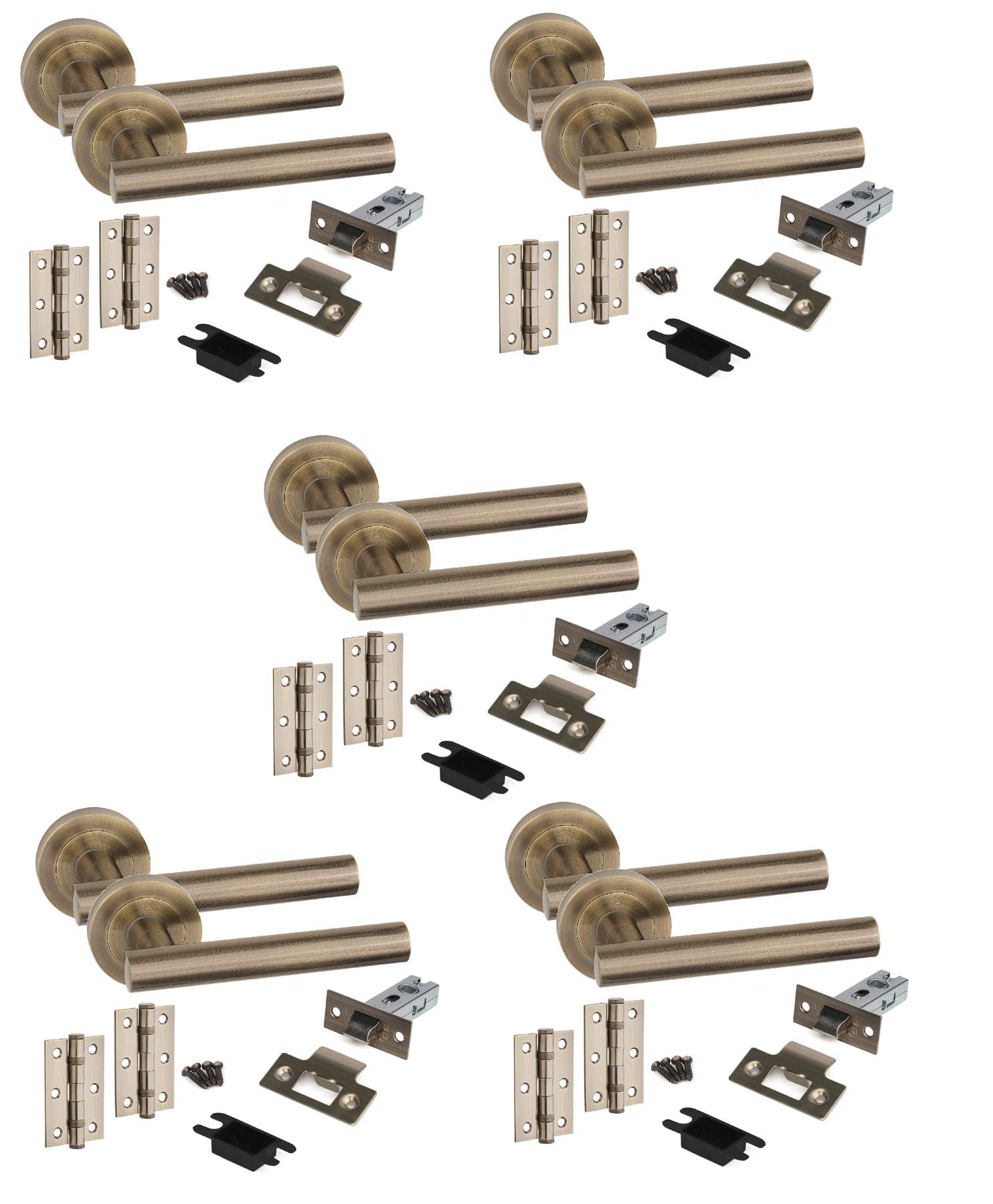 Golden Grace 5 Set Straight T-Bar Design Door Handles with Tubular Latch and 1 Pair of 3" Ball Bearing Hinges Antique Brass Finish