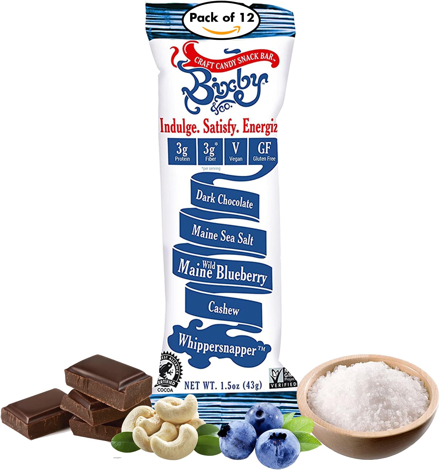 Bixby 12 Bars of Vegan Dark Chocolate - Gluten Free Blueberry and Cashew Bulk Chocolate Bars - Non GMO Kosher Protein Snack with Clean Ingredients - Pack of 12 Gourmet Candy Bars, 1.5oz each