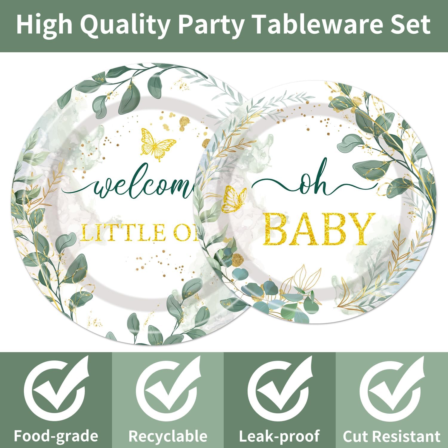 Sage Green Baby Shower Decorations - 96PCS Sage Plates and Napkins Party Supplies Welcome Little One Green Baby Shower Disposable Paper Tableware Set Serves 24 Guests