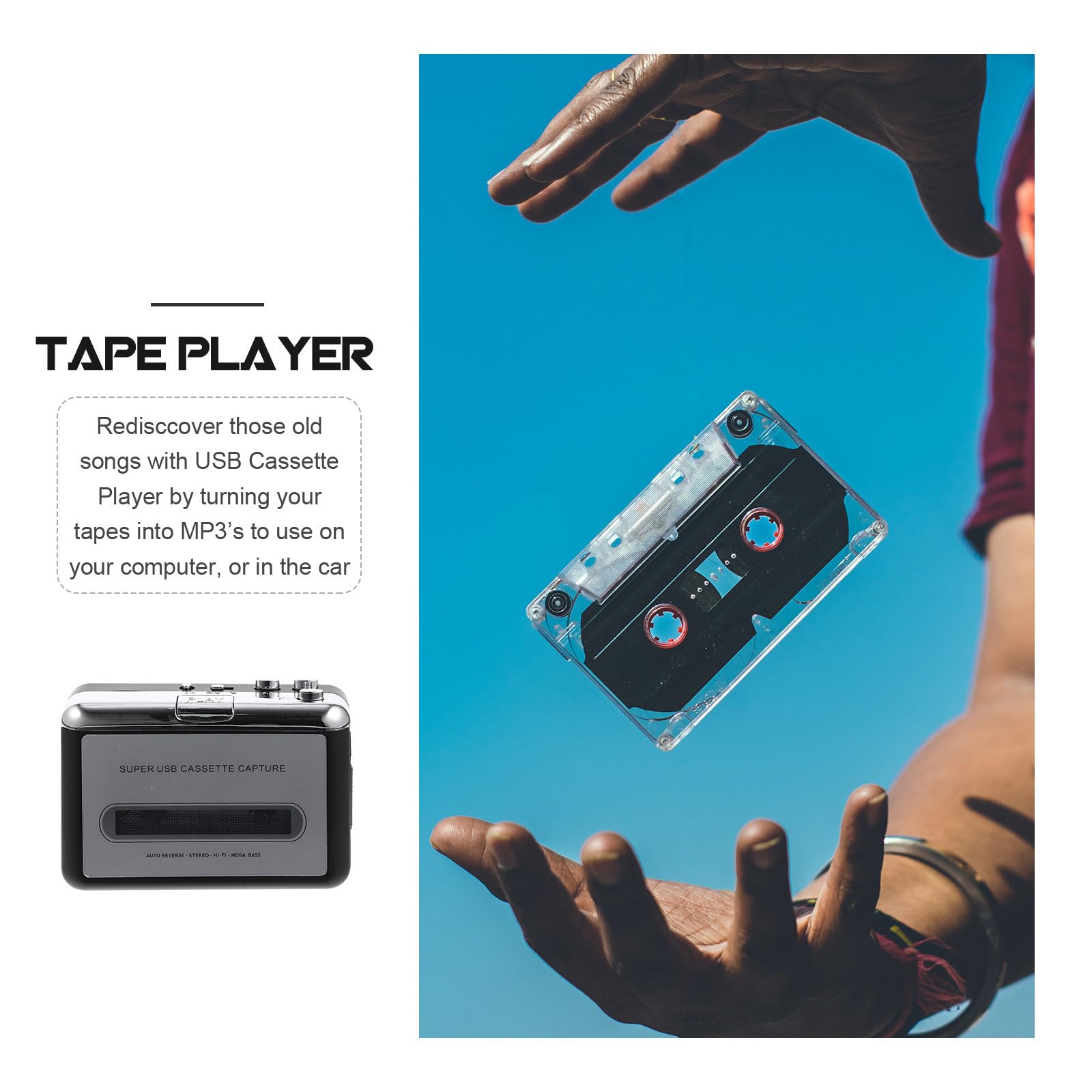 Convertitore Cassette USB Portatile Argento Design Compatto in Metallo e Plastica, Software per Conversione Cassette in Mp3 per Ascolto e Digitalizzazione Audio