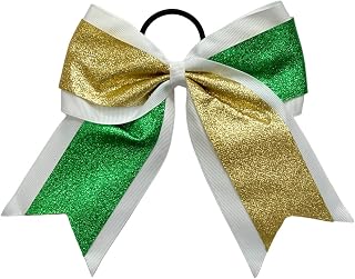 New "GLITTER DUO Green & Gold" Cheer Bow Pony Tail 7 Inch Girls Hair Bows Cheerleading Dance Practice Football Games Competition Birthday Grosgrain Ribbon