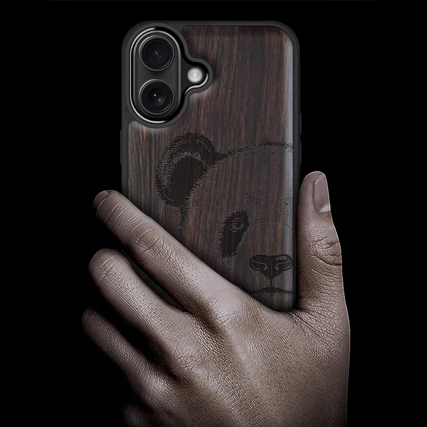 Carveit Magnetic Wooden Case for iPhone 16 Case, Wood Artisan Engraved & Black Soft TPU Shockproof Cover, Compatible with MagSafe Wireless Chargers (The Giant Panda's Gaze) Blackwood