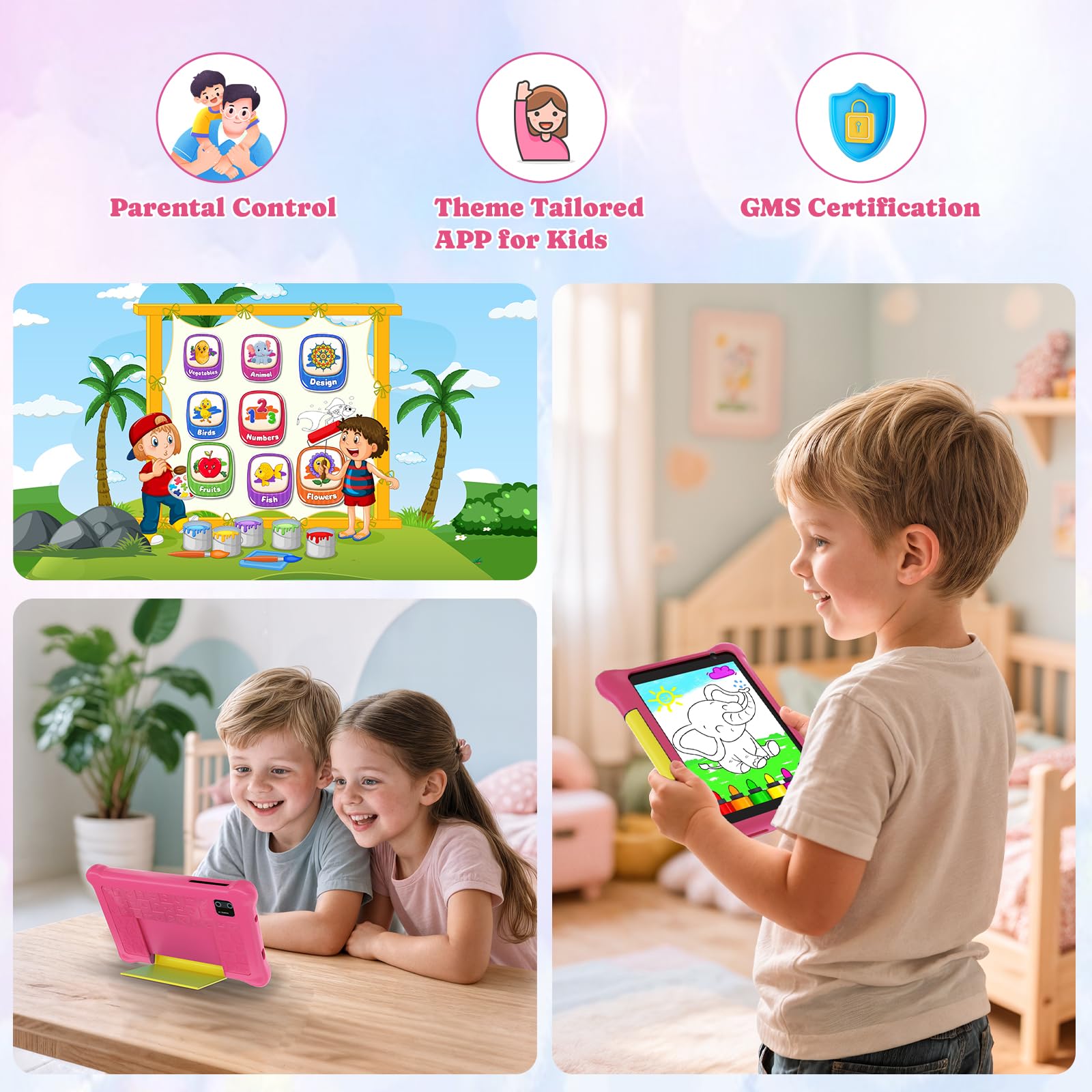 Tablette Enfants 7 Pouces Android 13 Tablette pour Enfant 5GB RAM 32GB ROM(TF 128GB) Contrôle Parental, GMS, WiFi, Bluetooth, Kids Tablette Tactile Éducative avec Kid-Proof Étui (Rose)