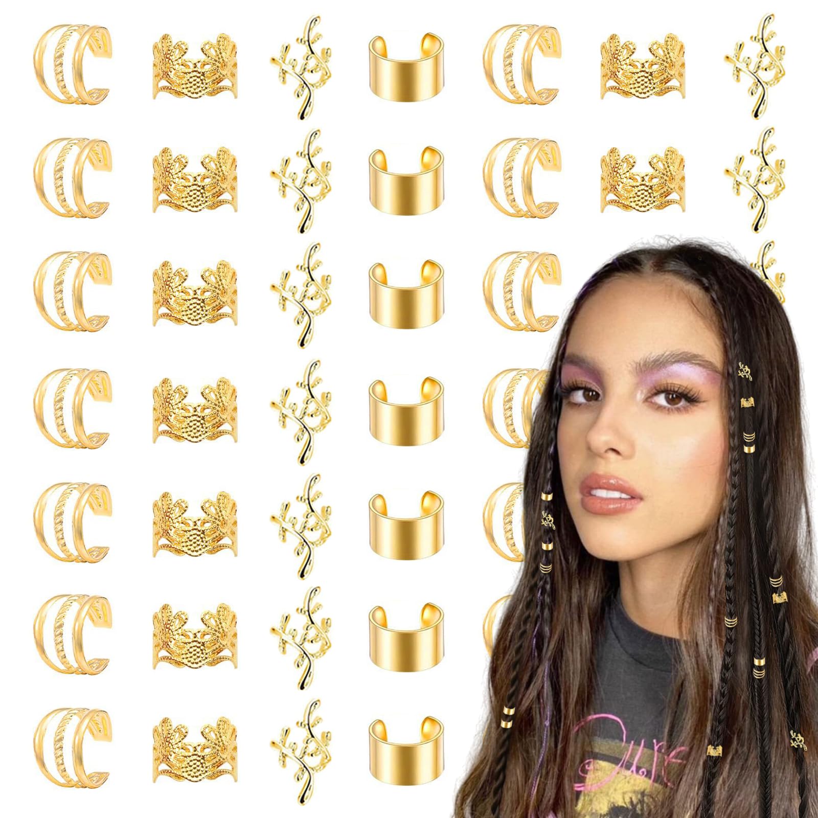 40 PCS Gold Hair Braid Beads Hair Jewelry Non-Piercing Dreadlock Cuffs Adjustable Clips Accessories for Women Girls Men Ear Clip Tools