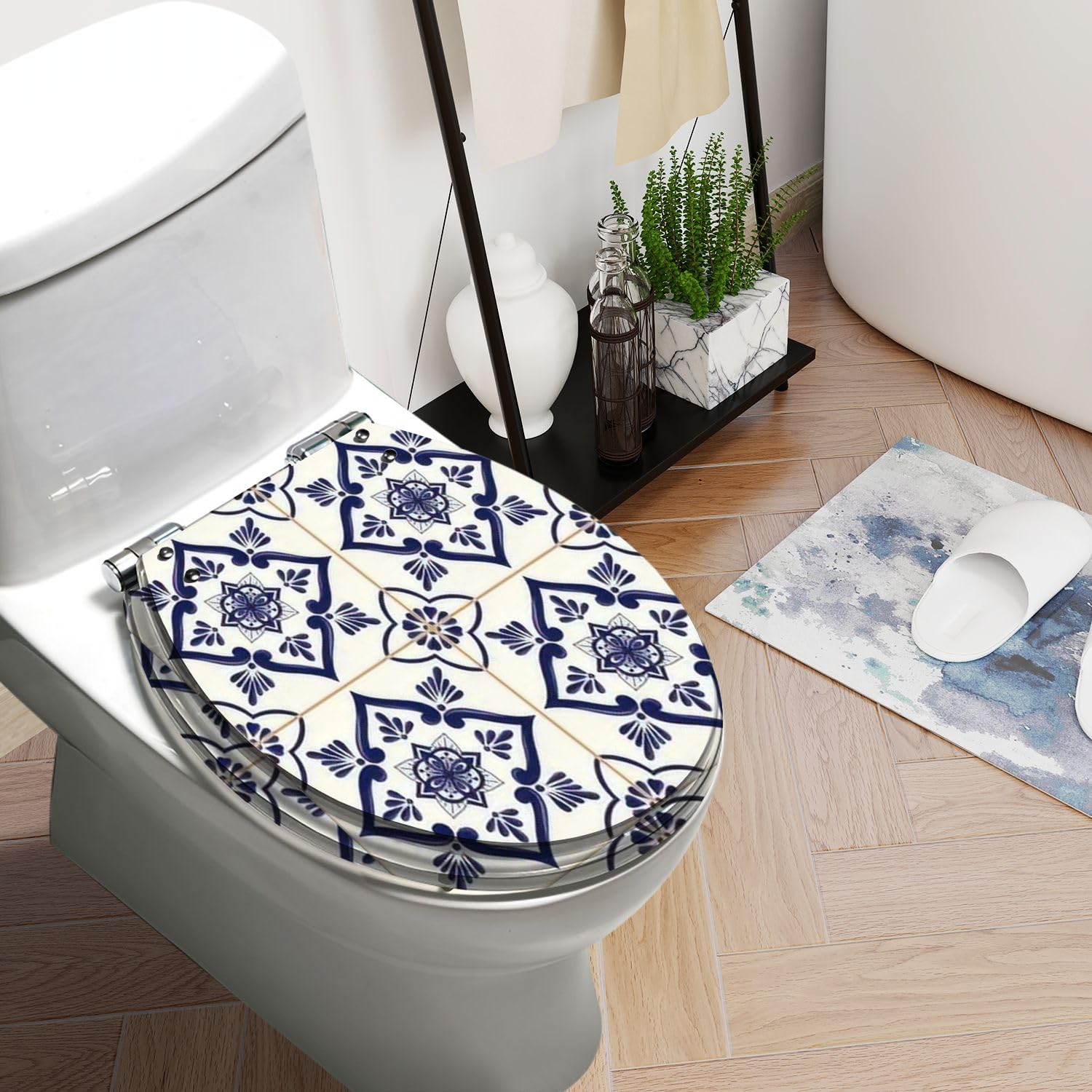 Round Toilet Seat Spanish tile pattern seamless blue white ornament Portuguese mexican Resin Toilet Seat Slow Quiet Close with Quick-Release Hinges Toilet Seat with Cover Easy to Clean Install