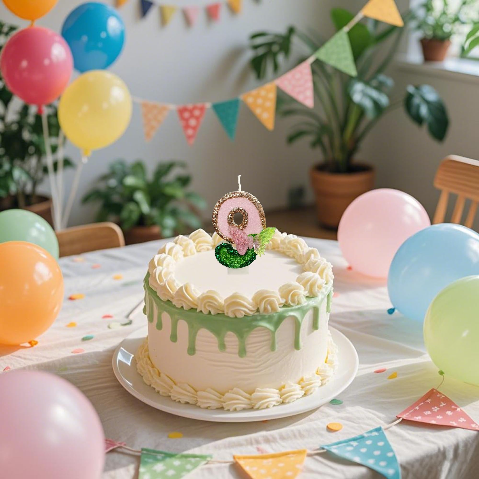 Vela de cumpleaños número 9, decoración de fiesta temática rosa y verde, velas de mariposa con purpurina para pastel, decoración de pastel de fiesta temática de princesa y bruja (número 9)