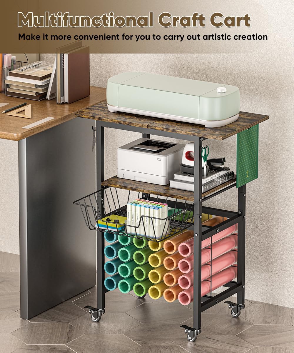 Queension Craft Cart with Wheels Compatible with Cricut Machines, Craft Organization and Storage Stand with Craft Table for Cricut Accessories, Rolling Storage Cart with 24 Vinyl Roll Hollers，Black
