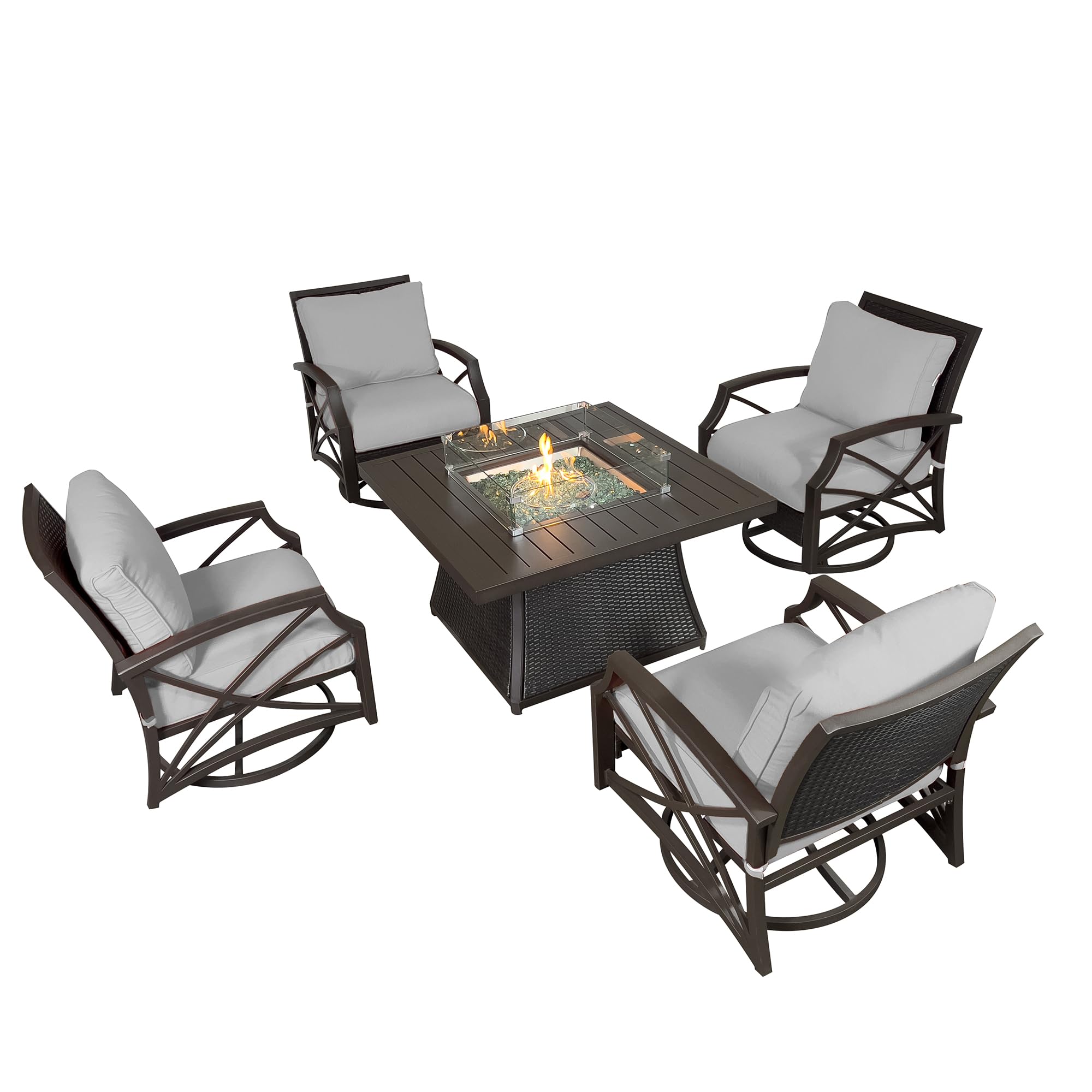Kinger Home URI Rattan 5-Piece Outdoor Patio Furniture Set with 42-Inch Propane Fire Pit Table, CSA Certified, 50,000 BTU, Swivel Chairs, Aluminum Frame, Includes Fire Glass & Wind Guard