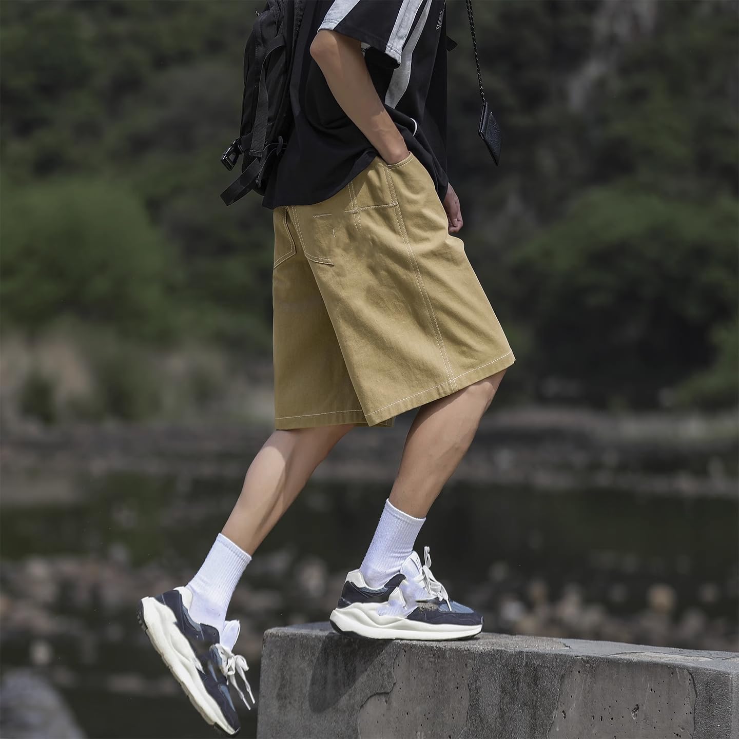 Men's Shorts Embroidered Workwear Summer American Style Loose Fit Straight Leg Pants for Men-Navy Blue-X-Large