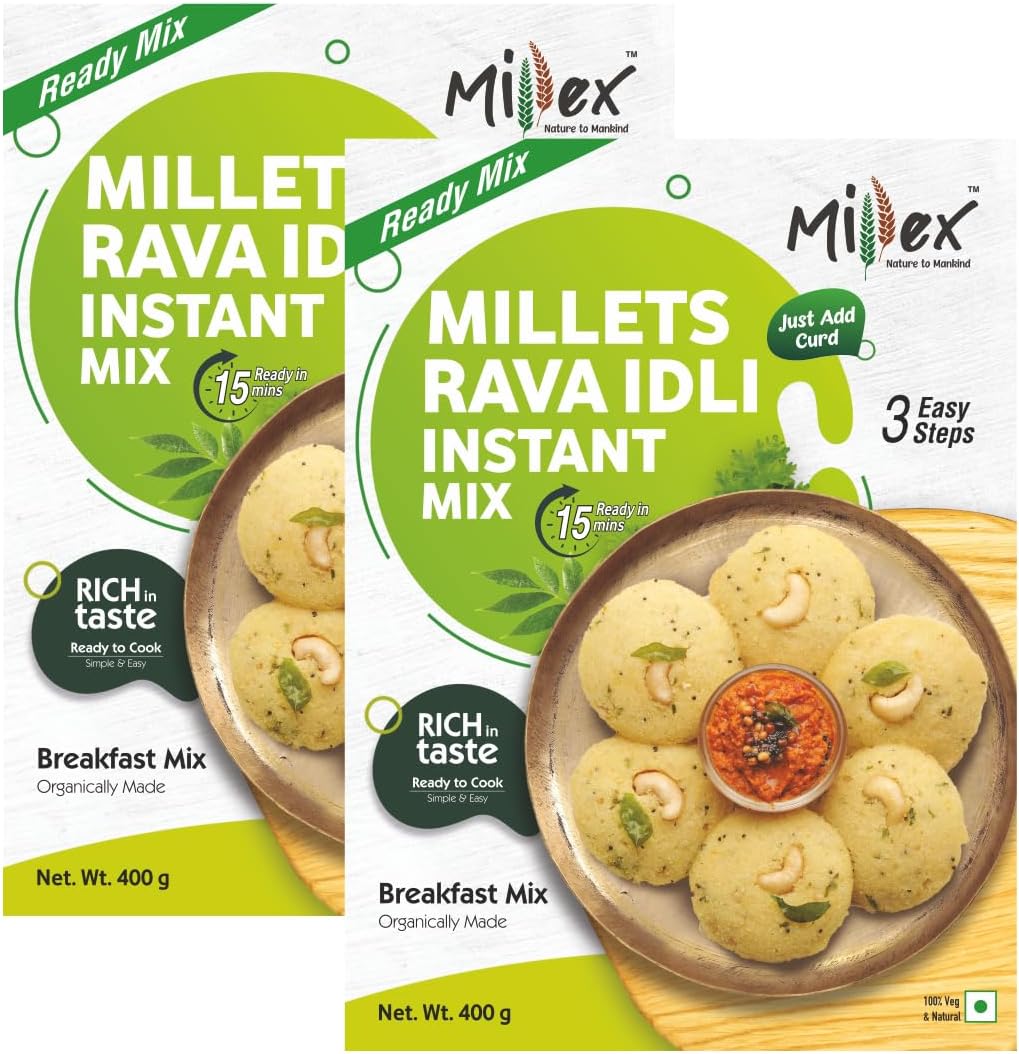 Millex Millets Rava Idli Instant Mix each 400g (Pack of 2)|Natural & Healthy Breakfast| Rich in Protein & High Fiber|Ready to Cook Indian Breakfast Mix|Easy to make & Tasty|Nutrient-Rich and Delicious|Instant Ready Millet Mix|Any time Snacks