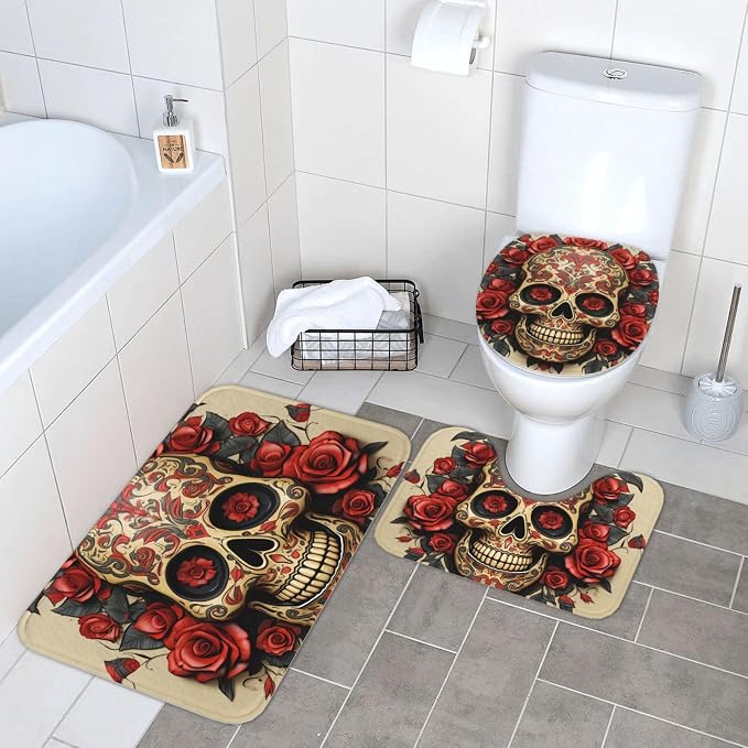 3 Piece Bathroom Rugs Sets Super Absorbent Bathroom Mats Set Non-Slip Bath Rug Washable Contour Mat and Toilet Lid Cover Red Rose Sugar Skull Bath Mat Carpet for Bathroom Shower Rug