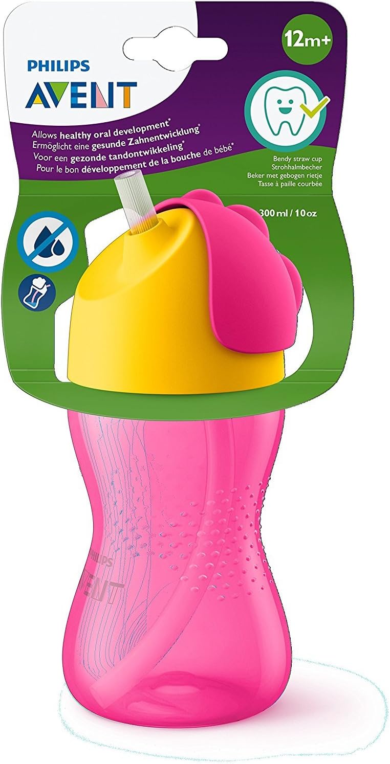 AVENT Philips Baby Straw Sipper |10 fl oz | Anti Spill Sippy Cup with Soft Silicone Straw BPA Free & Non Toxic for Baby/Kids of 9+ Months - (300 ml Pink)