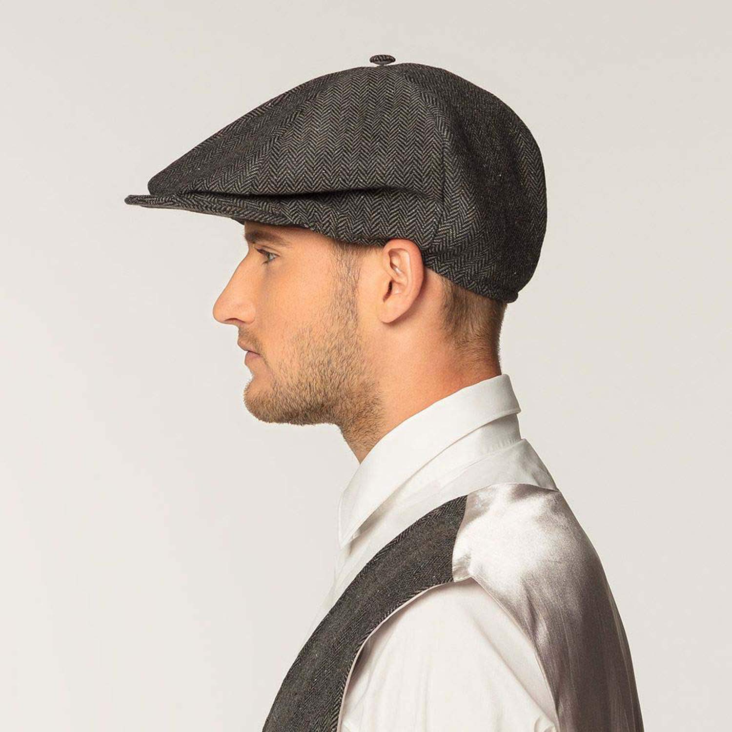 Boland Birmingham Flat Cap - Grey Herringbone Peaked Hat for 1920s Costume, Vintage Gangster Outfit, Carnival & Theme Party Accessory - Image 3