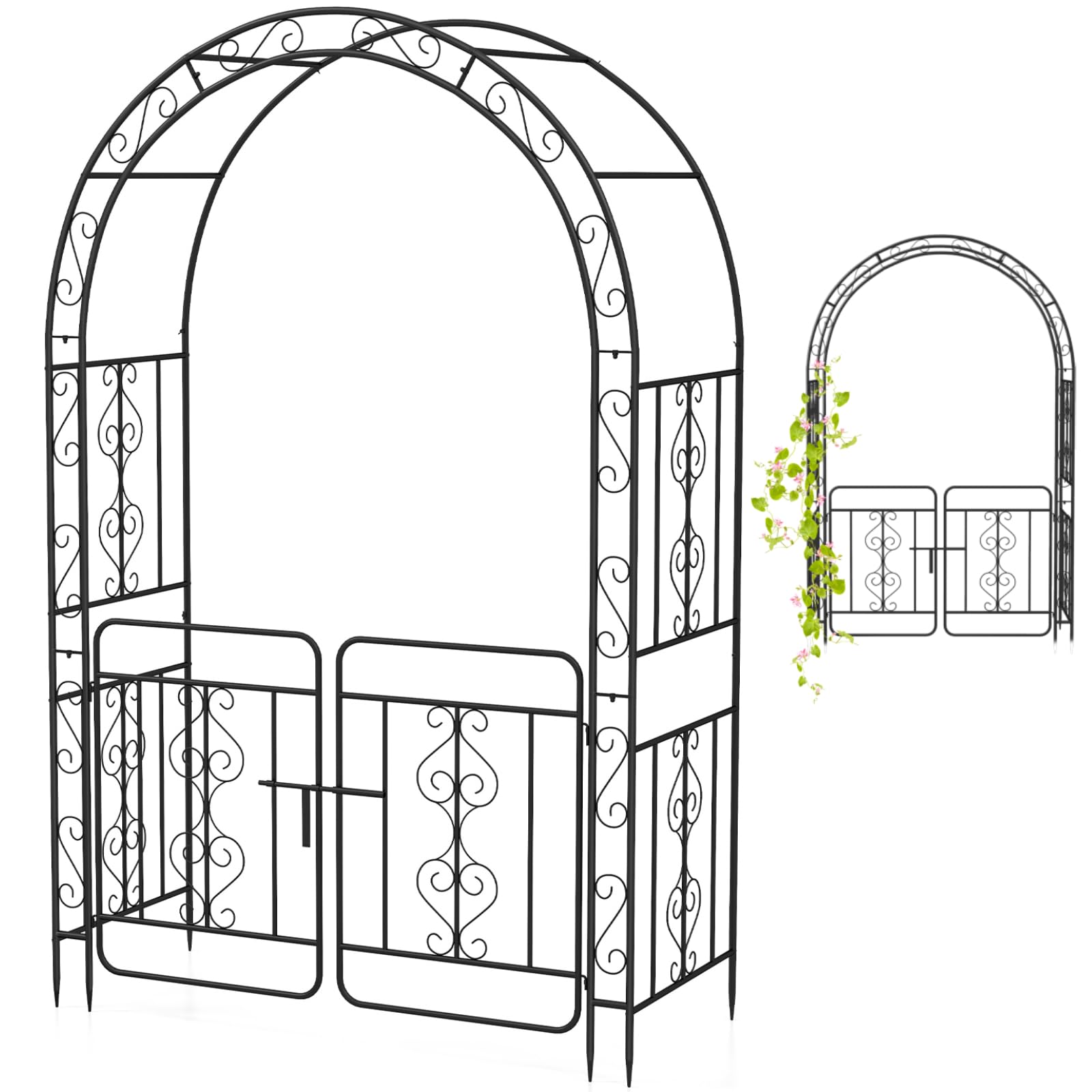 TANGZON Garden Arch with Gate, Heavy Duty Metal Arbor Arched Top Arbor Trellis, Decorative Archway for Climbing Plants Party Wedding Ceremony (136 x 58 x 213cm)