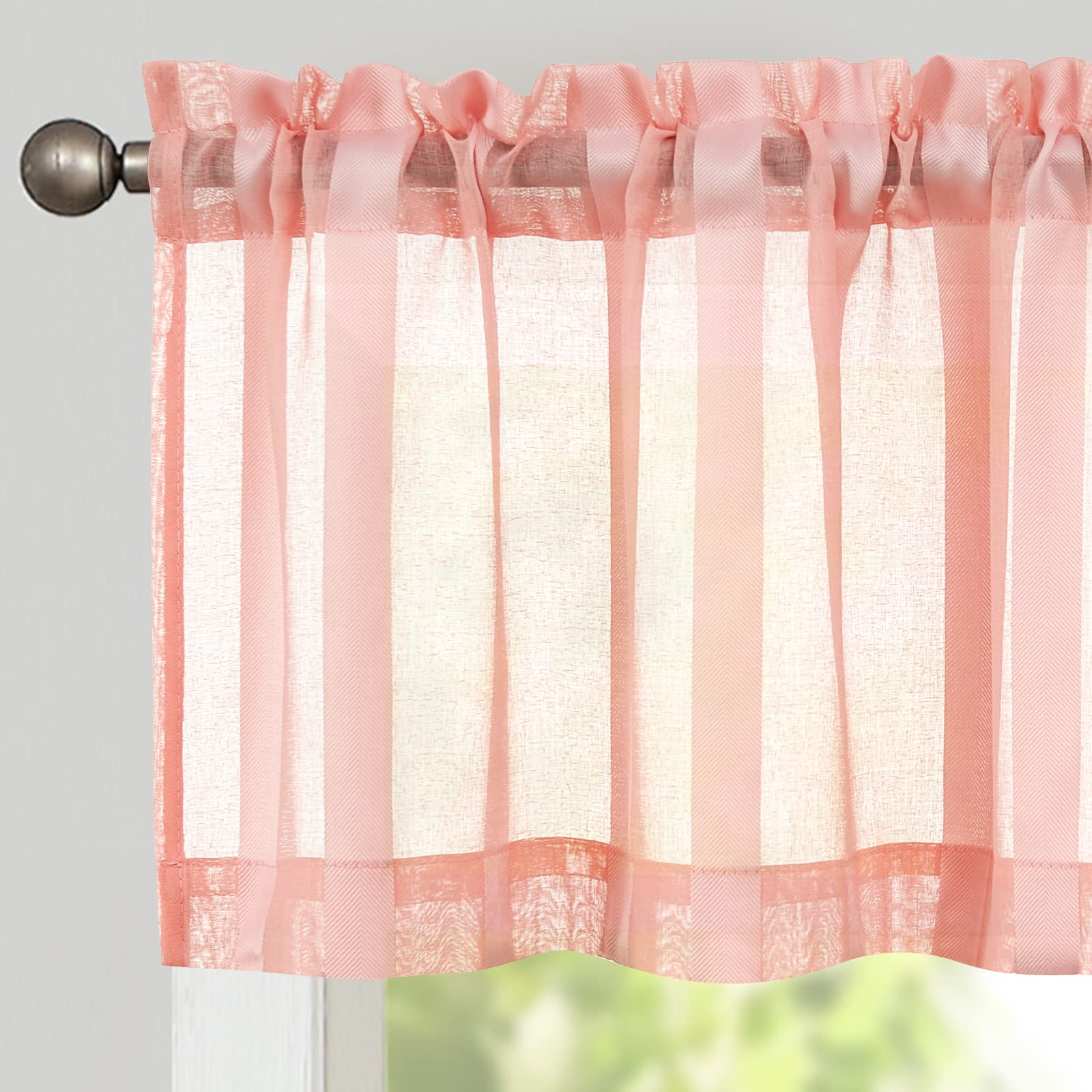 TOPICK Sheer Visillos con cordón, Transparente, diseño rústico, a Rayas, de Gasa, Cortina de Cocina, a Rayas, para baño, Ventanas pequeñas, 130 cm x 35 cm (Ancho x Alto), Color Rosa