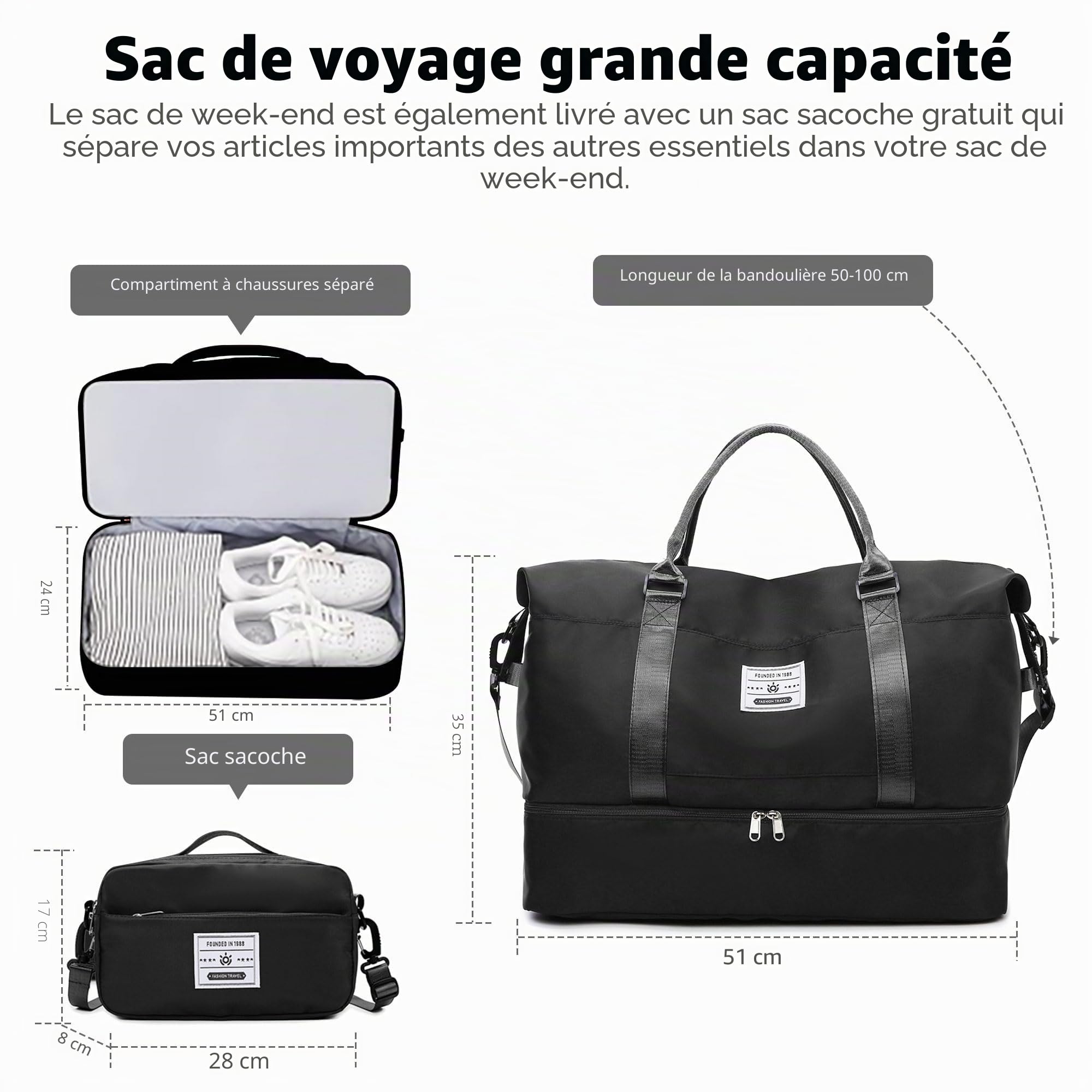 Sac de Voyage Sac de Bagage à Main Sacs de Sport Grand Format Sac de Sport Imperméable Sac à Dos Weekend avec Compartiment à Chaussures et Sacoche pour Femme Homme (Noir)