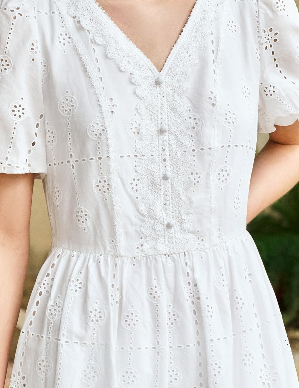 Women's White Bohemian Midi Dress, V-Neck Puff Sleeve Eyelet Lace Summer Casual Cute Baby Doll Long Dress - Image 4