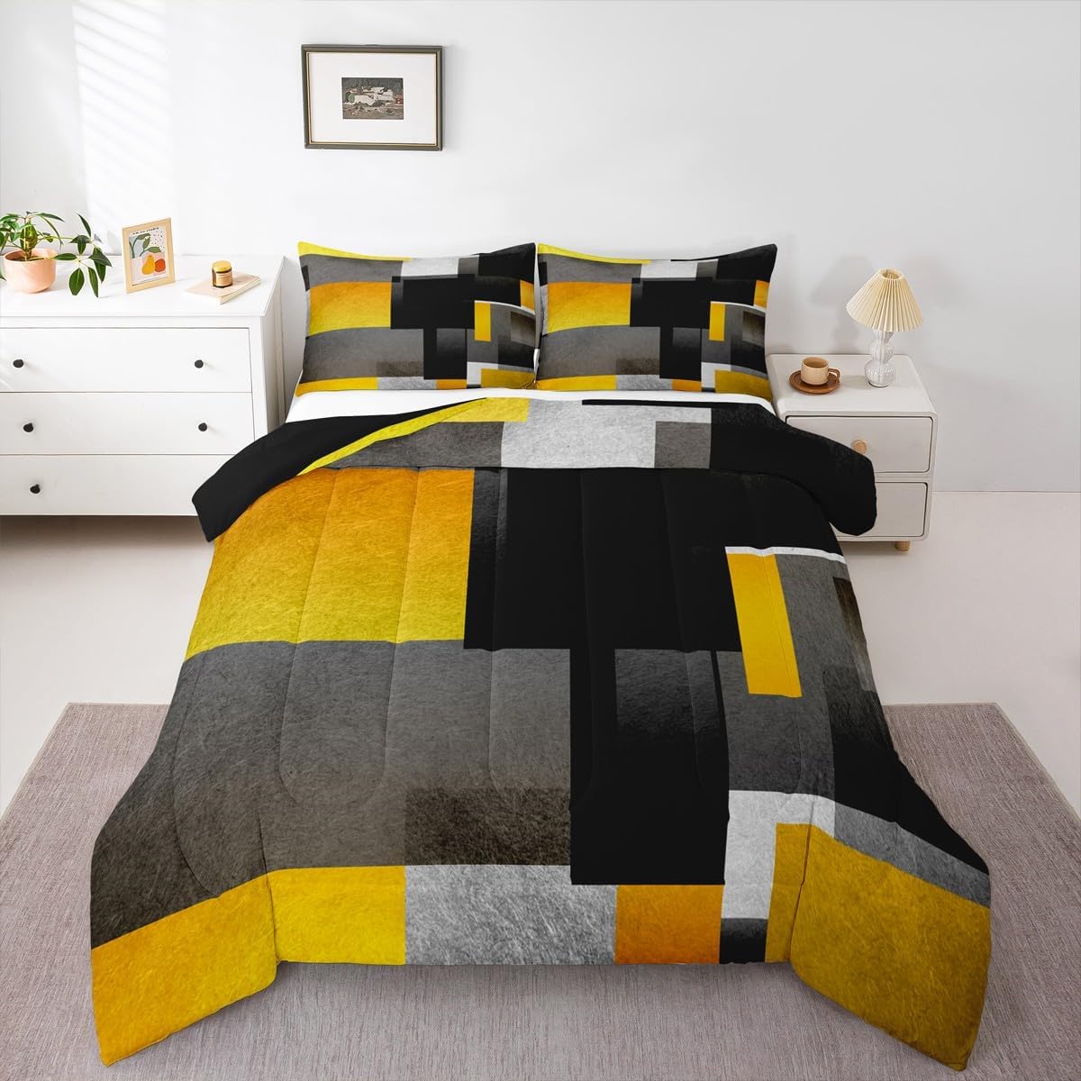 Feelyou Yellow Grey Black Buffalo Check Comforter Set Full Size Kids Geometric Comforter for Boys Teens Geometric Bedding Set Plaid Modern Abstract Art Duvet Set Room Decor Quilt Boys