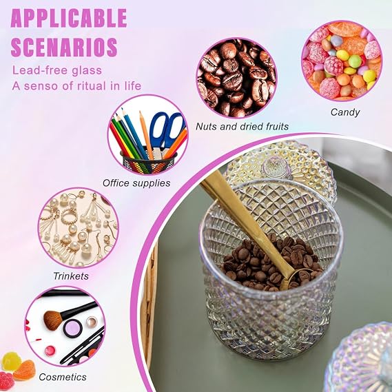 300ml Colorful Faceted Crystal Glass Candy Jar with Lid for Wedding | Aesthetic, dust-proof, reusable, trinket storage bowl for jewelry organizer, biscuit storage, wedding table decor