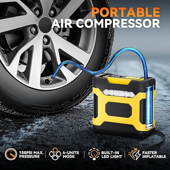 Auto Dynasty 12V Digital Tire Inflator, 150 PSI Air Pump with LED, Yellow