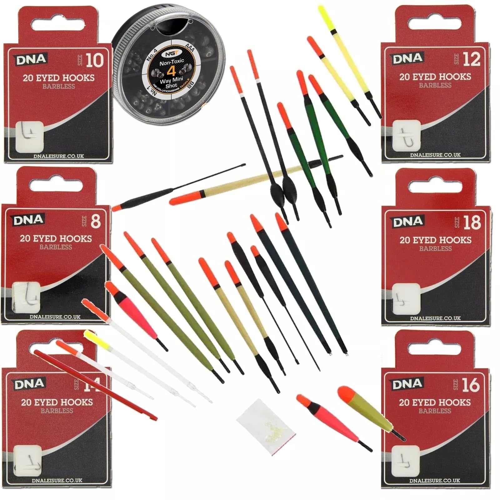 24pc Assorted Float Set with Rubbers, Disgorgers, 120 Eyed Hooks Sharp Barbless Size: 8, 10, 12, 14, 16,18 & Non-Toxic Weight Split Shot Carp Coarse Fishing Tackle Kit