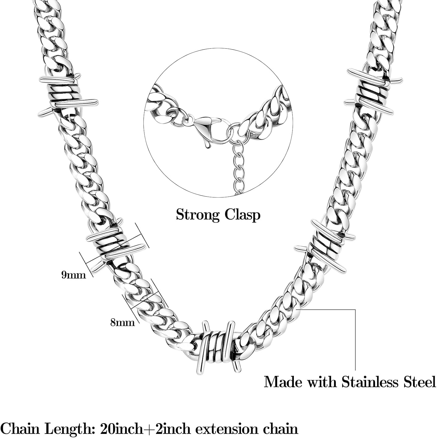 FEEL STYLE Barbed Wire Cuban Link Chain for Men Women Stainless Steel Thorns Choker Necklace Hip-hop Punk Gothic Jewelry 16-22inch - Image 4