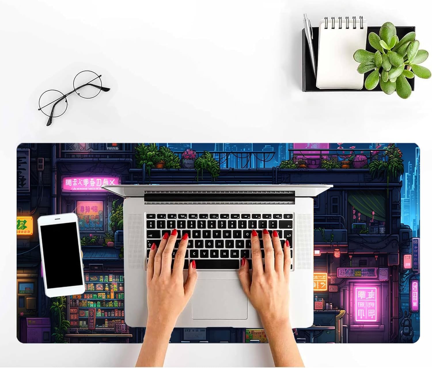 Cyberpunk Modern City Ramen Shop Large Gaming Mouse Pad Keyboard Desk Pad XXL Extended Mouse Pad Gaming Office Decor, Pc Laptop Mouse Pads (35.4x15.7 in) with Stitched Eges Non-Slip Large Computer Mat image 4