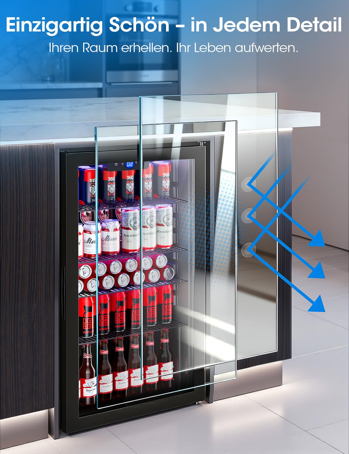 JUMMICO 86L Getränkekühlschrank Frostfrei Leise Energiesparend 126 Dosen 4 Regale