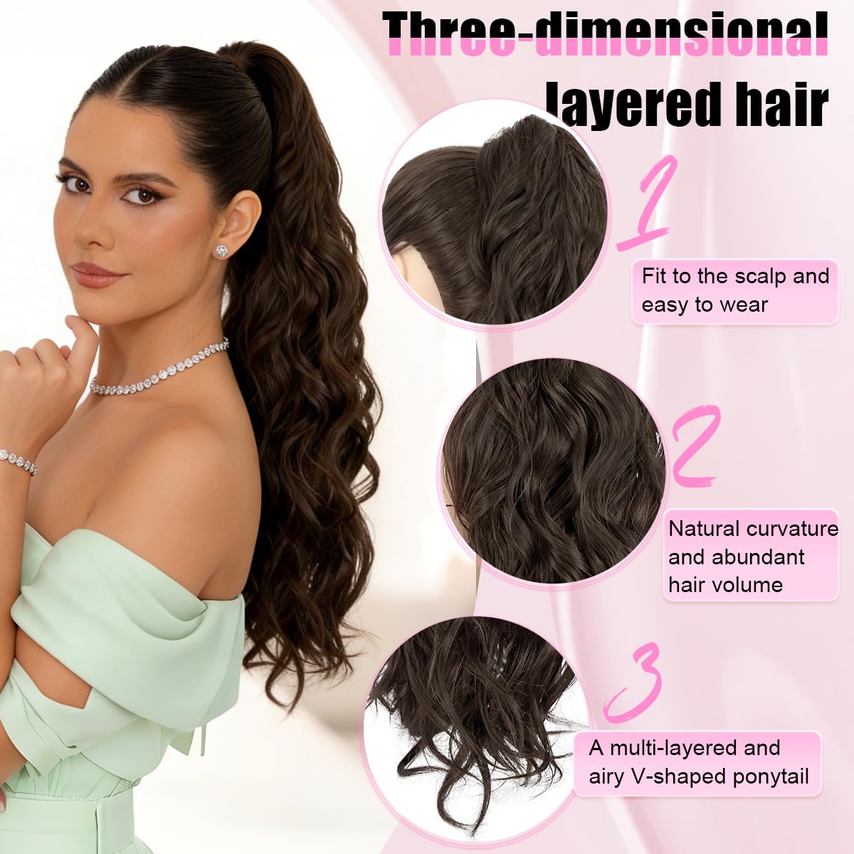 Ponytail Extension, Claw Clip Ponytail Extension Long Wave Ponytail Extensions for Women Fluffy Natural Synthetic Hairpiece for Daily Use 26 InchColor:Dark Brown)