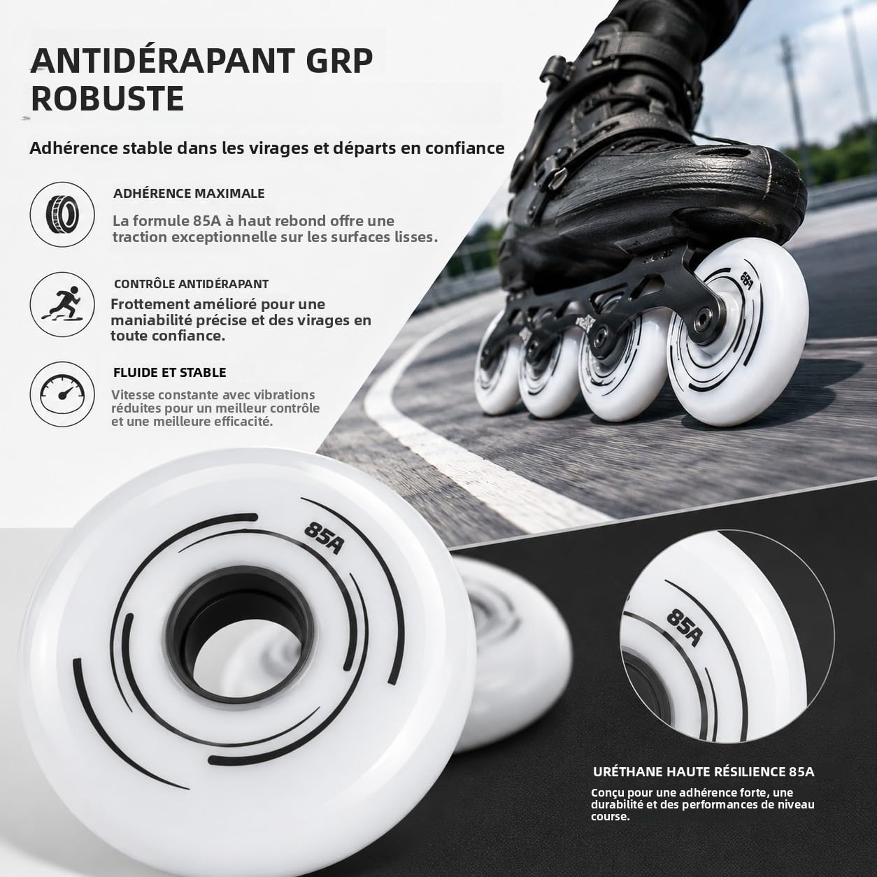 Roues de Inline Skate 72mm 76mm 80mm Lot de 8, Roues PU 85A à Haut Rebond, Résistantes à l’Usure, Antidérapantes, Forte Adhérence pour Entraînement Indoor et Fitness Outdoor (76mm)