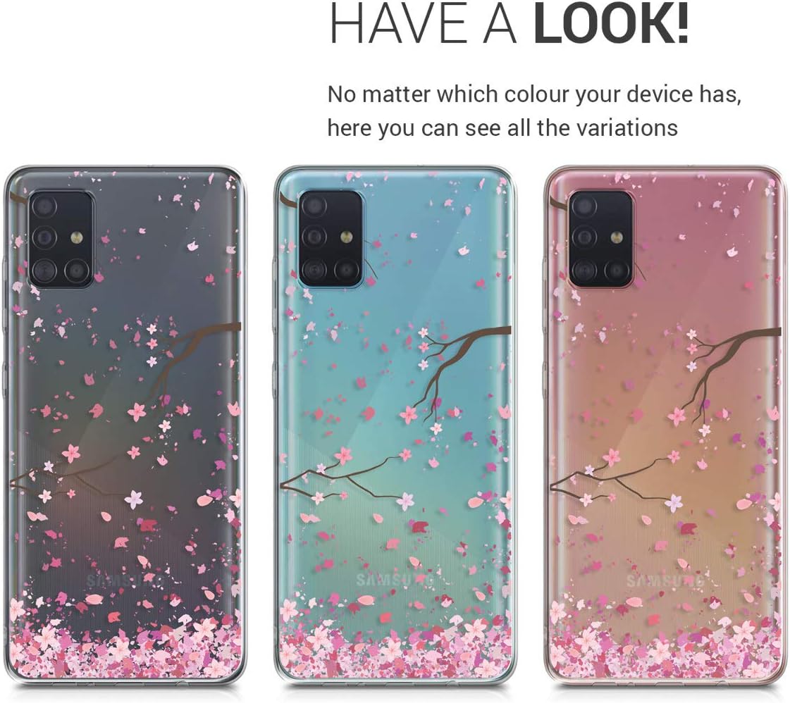 kwmobile Clear Case Compatible with Samsung Galaxy A51 - Phone Case Soft TPU Cover - Cherry Blossoms Pink/Dark Brown/Transparent