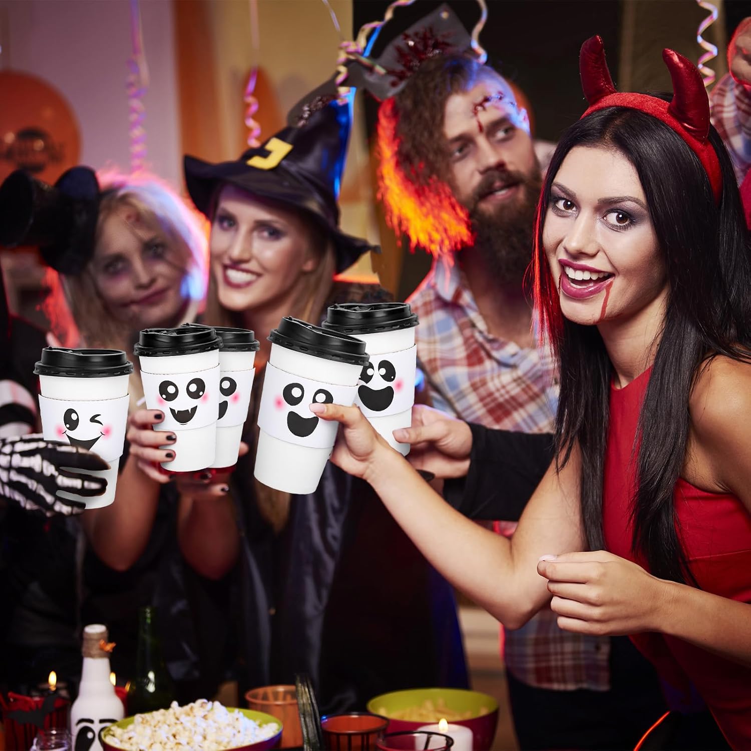 Whaline 48 Sets Halloween Ghost Coffee Paper Cups Cute White Ghost Boo 16oz Disposable Cups with Lids and Sleeves for Hot Cold Drinks Birthday Holiday Party Supplies, 4 Designs