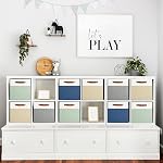 Patvingot 13 Inch Storage Cubes Bins with Bottom Boards and Leather Handles, Foldable Fabric Cube Storage Baskets,Linen Boxes Organizers for Home, Shelves, Closets (White/Green,6 Pack)