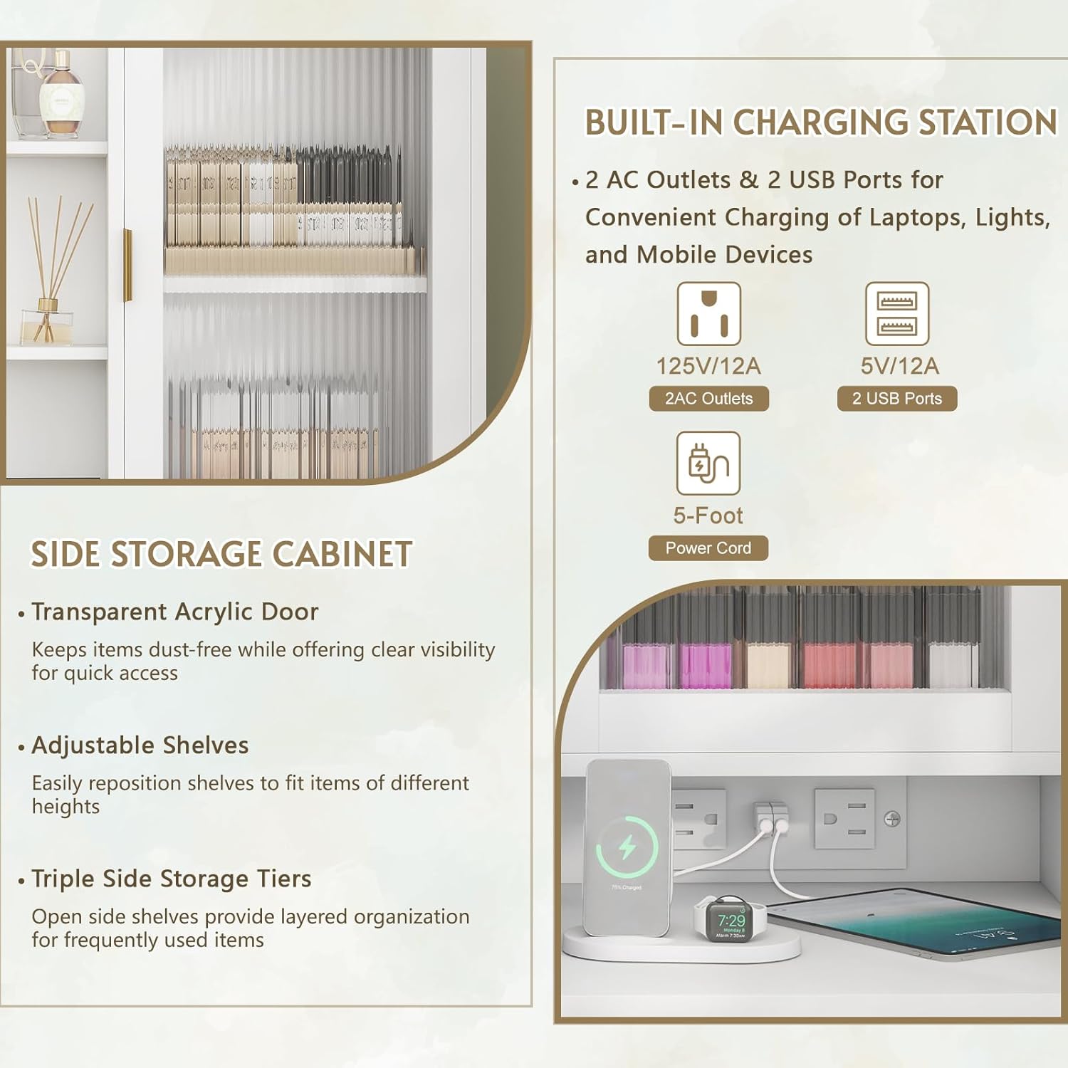 White Vanity Desk with Mirror and Lights, 49" Fluted Wood Makeup Vanity Table with Modern Glass Top, Charging Station, 5 Drawers, 2 Cabinet with Adjustable Shelves, Salon Station