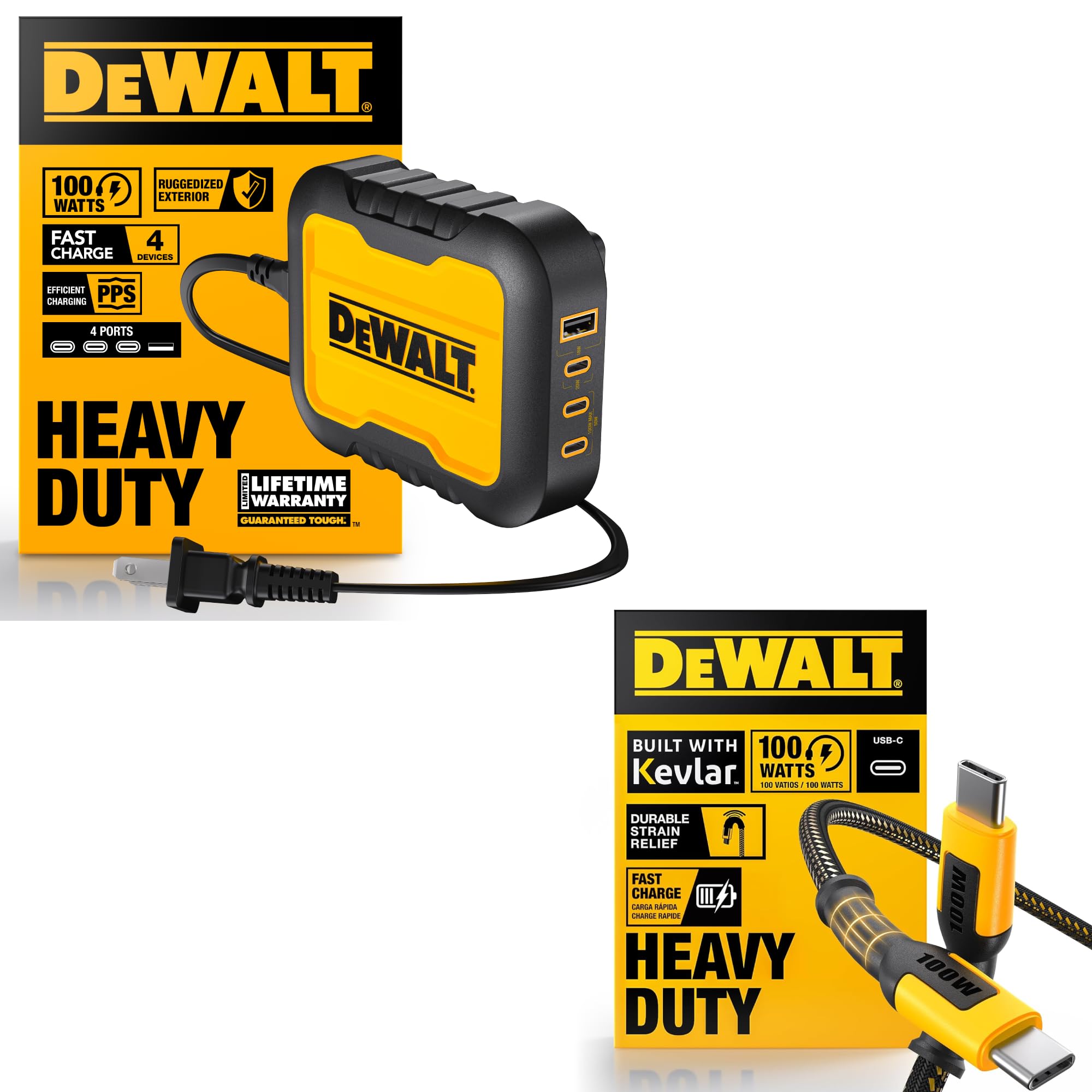 DEWALT 4 Port USB C Charger Block 100W USB Heavy Duty 100W USB C Cable 6 FT for