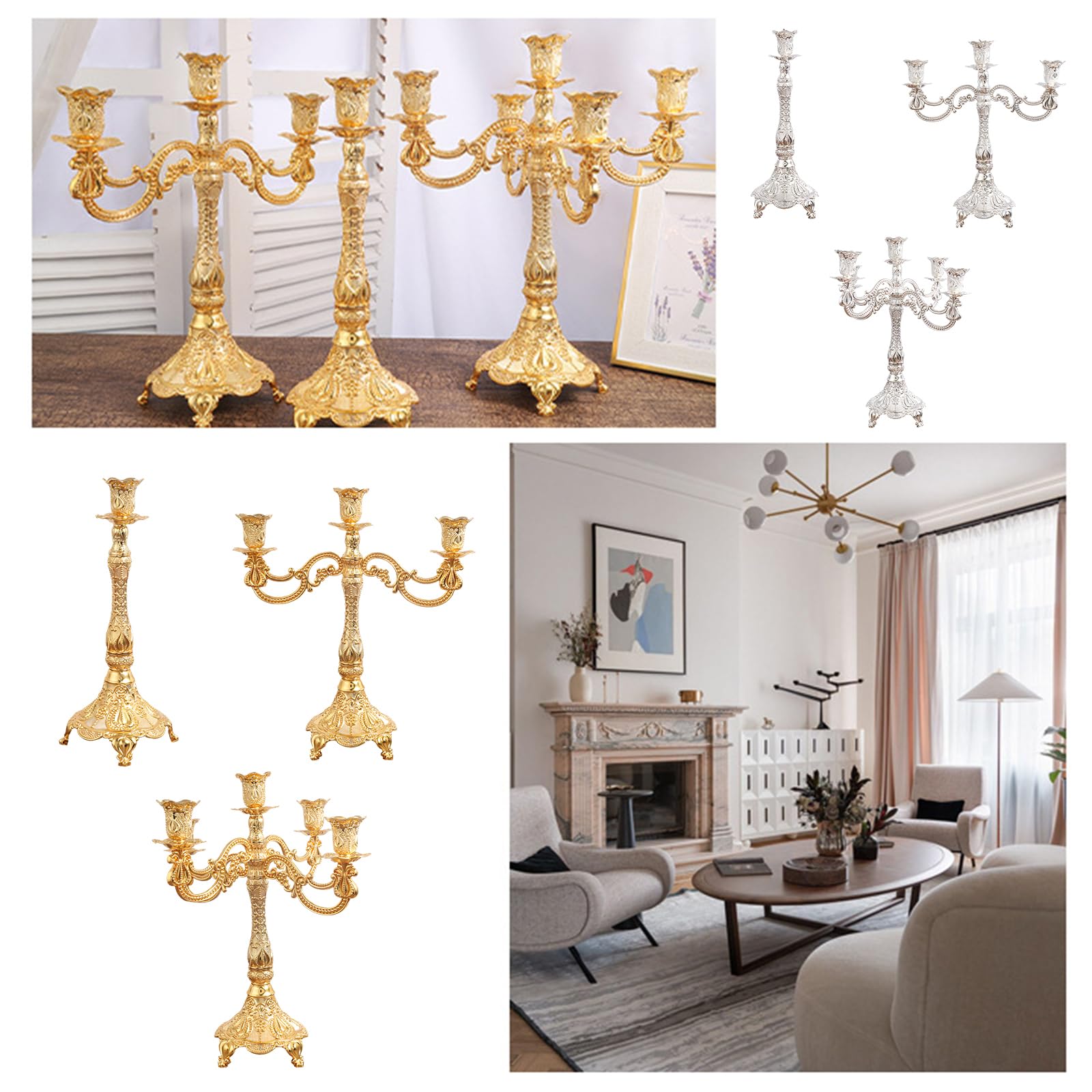 Luxueux candélabre en métal doré avec sculptures florales pour centres de table de mariage et décoration d'intérieur