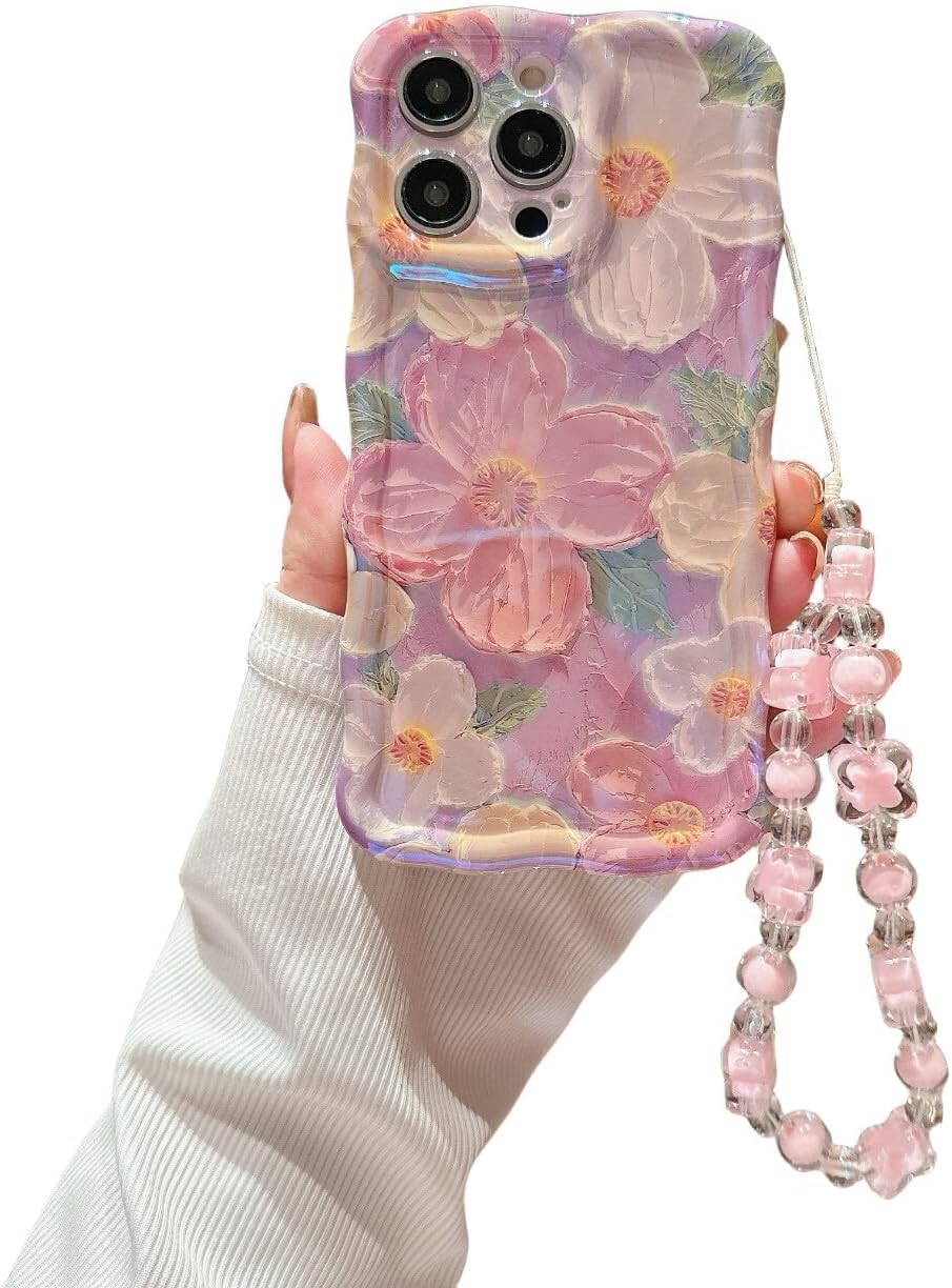 Pretaco Coque ondulée pour iPhone 15, [cadre de protection bouclée] [imprimé floral vintage brillant] avec jolie chaîne de perles pour filles et femmes (violet