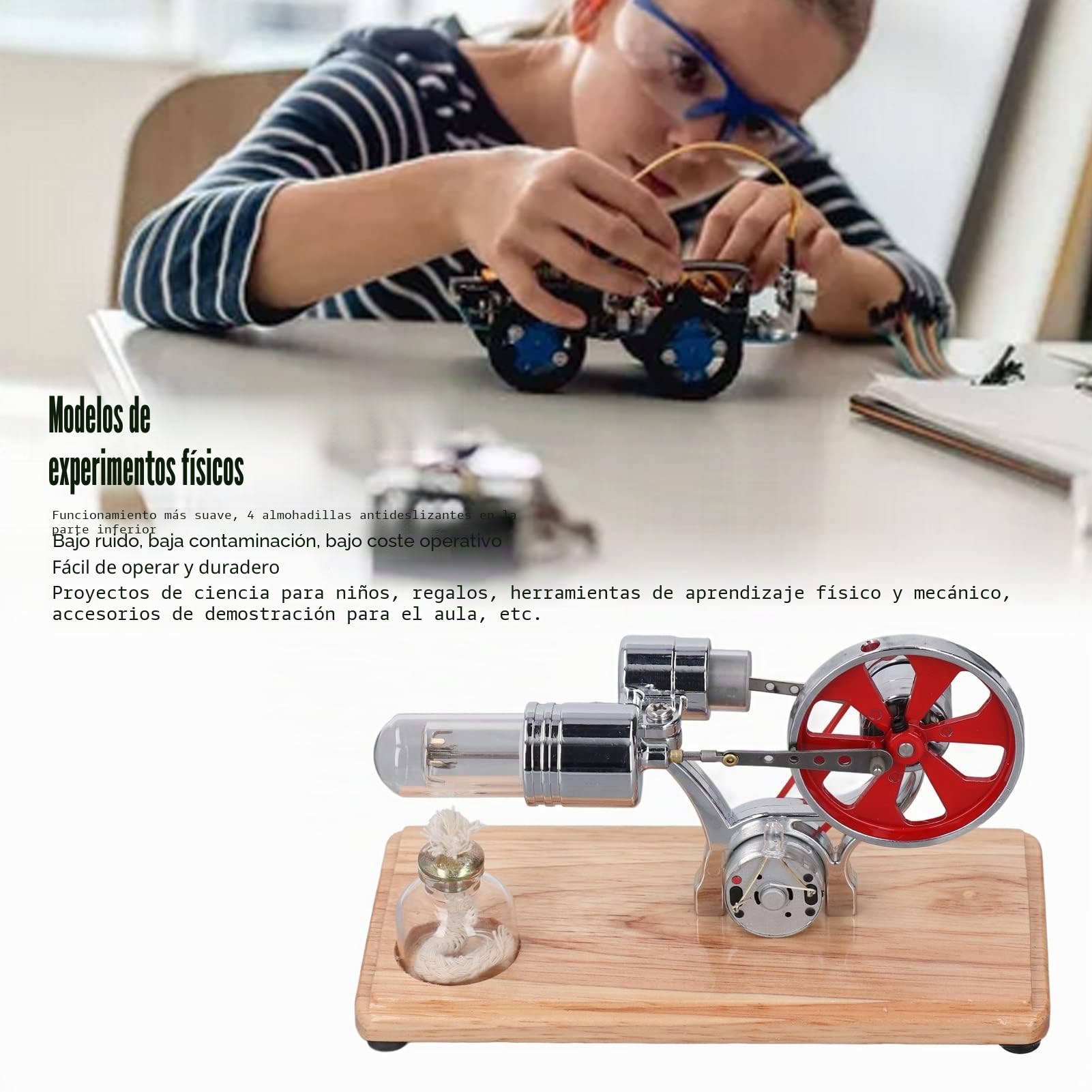 Kit de Modelo de Motor de Motor Stirling, Modelo de Motor de Motor Stirling de Aire Caliente, bajo Nivel de Ruido, Baja Contaminación para Presentación de Clase, 6,3 X 3,3 X 3,7 Pulgadas