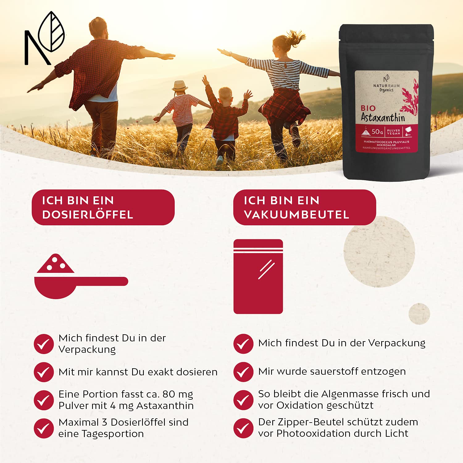 Bio Astaxanthin Pulver hochdosiert I 50g I Vakuumiert I Vegan I natürliches Antioxidant aus Haematococcus Pluvialis Mikroalgen I Dosierhilfe zum Dosieren von 8 mg, 12 mg & 16 mg I ohne Zusätze (50g)
