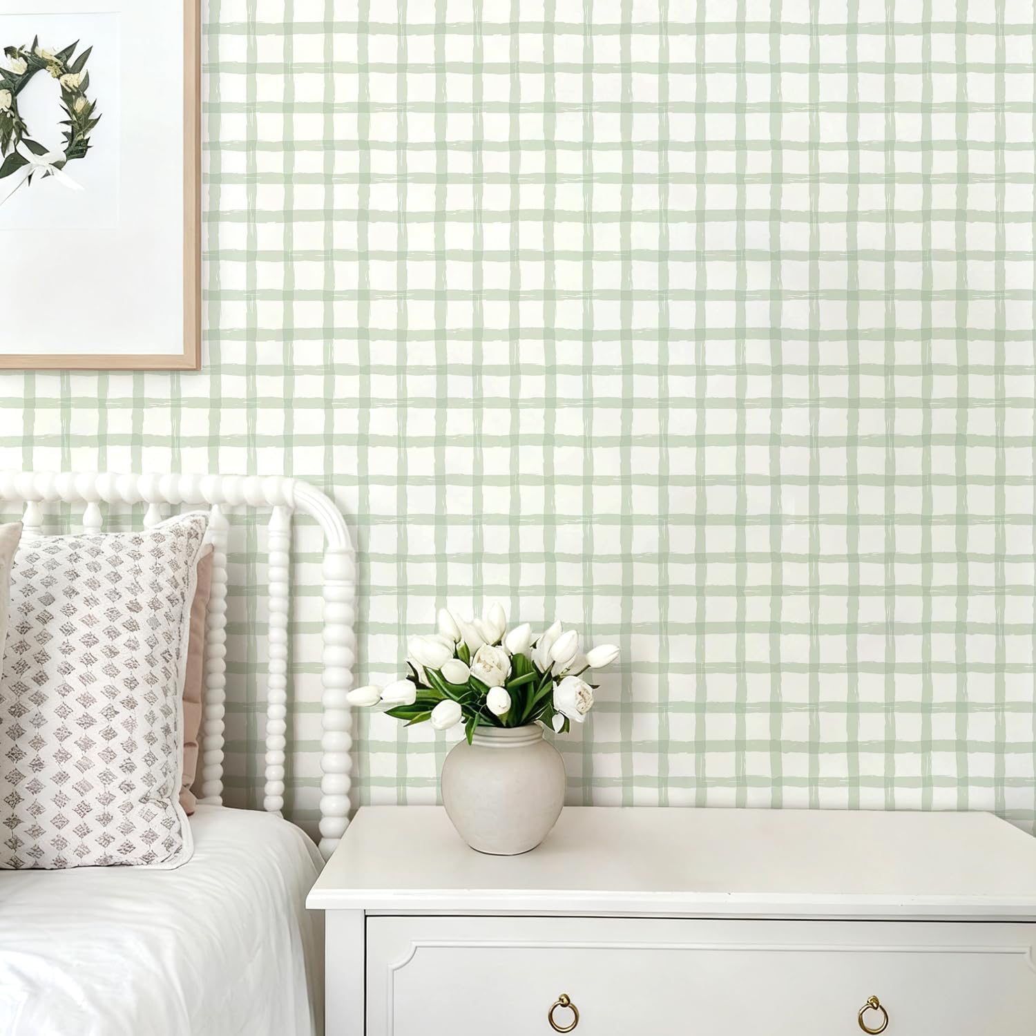 Plaid Peel and Stick Wallpaper Green 17.7''x393'', Hand-Drawn Design Plaid Contact Paper Boho Checkered Wall Paper Self Adhesive Vinyl Removable Wallpaper for Bedroom Nursery Living Room