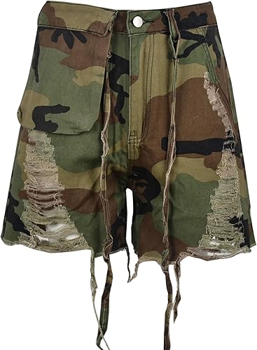 Pantalones cortos de camuflaje para mujer, cintura elástica, cintura alta, múltiples bolsillos, cómodos, de algodón, casuales, de camuflaje