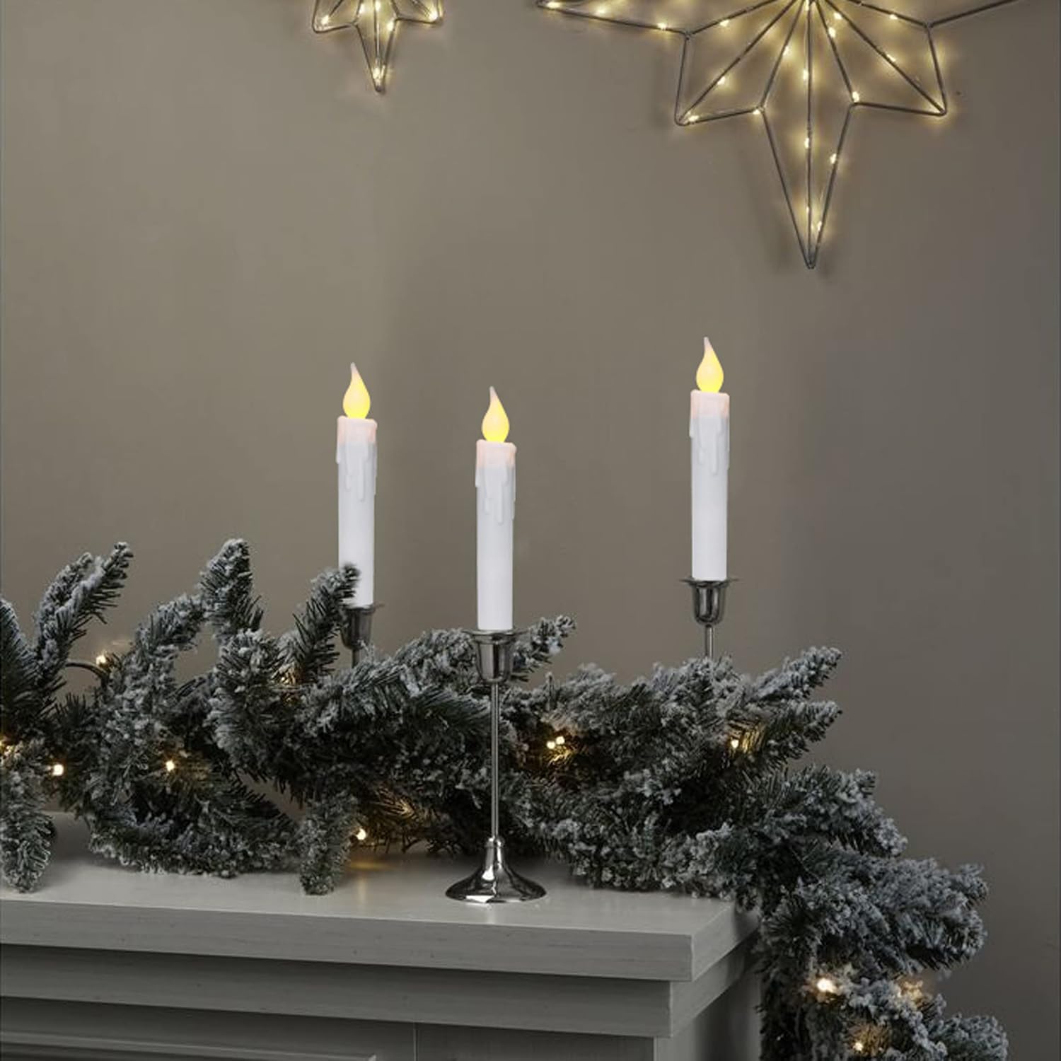 CVHOMEDECO. Flickering Taper Candles LED Drip Flameless Candles, Battery Operated with Timer, White, 6-3/4 Inch, Set of 6 image 3