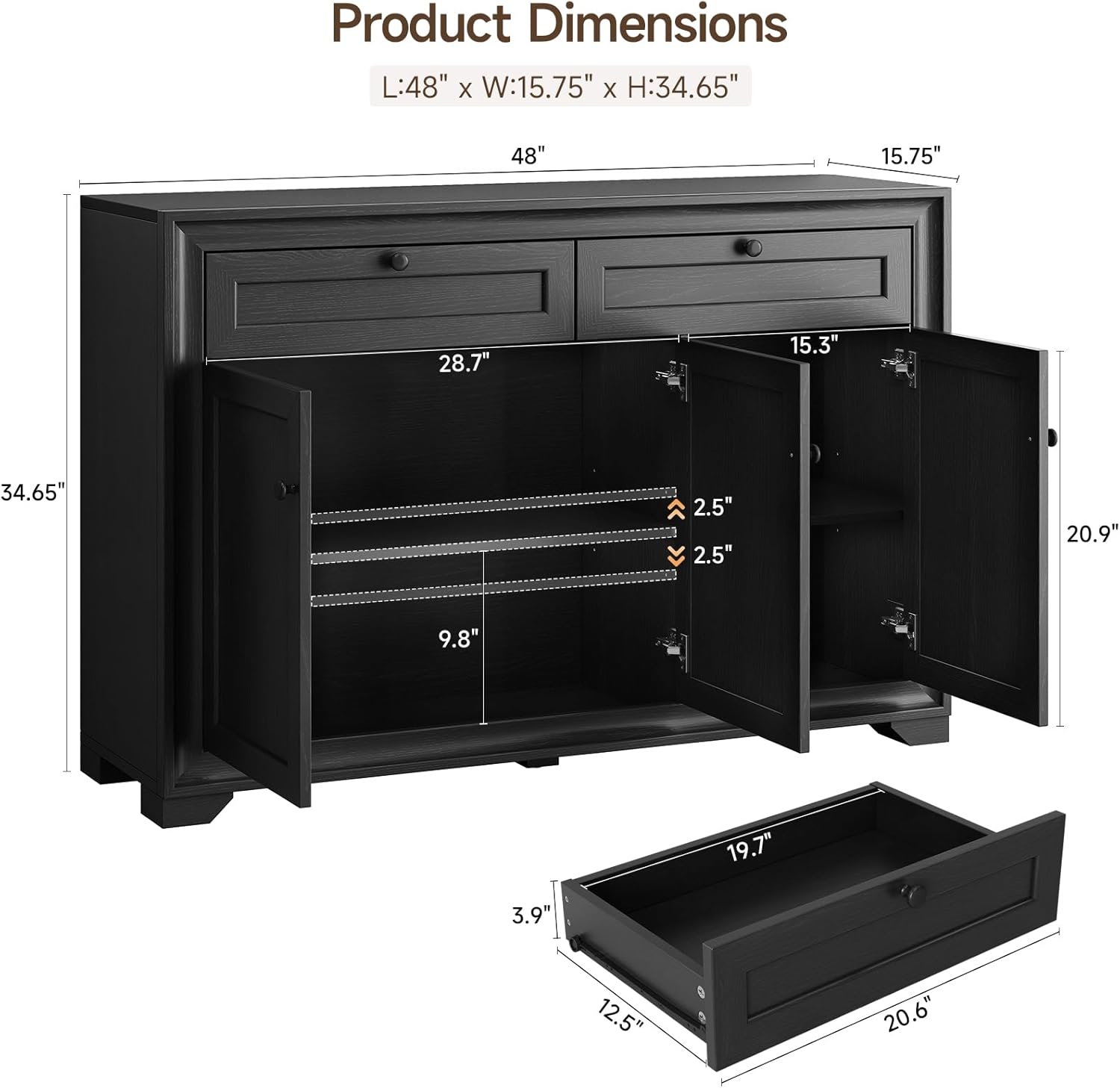 ONBRILL 48 Inches Sideboard Buffet Cabinet with Storage, Farmhouse Sideboard with 2 Drawers and 3 Doors, Wood Coffee Bar Cabinet with Adjustable Shelves for Living Room, Kitchen, Hallway, Black