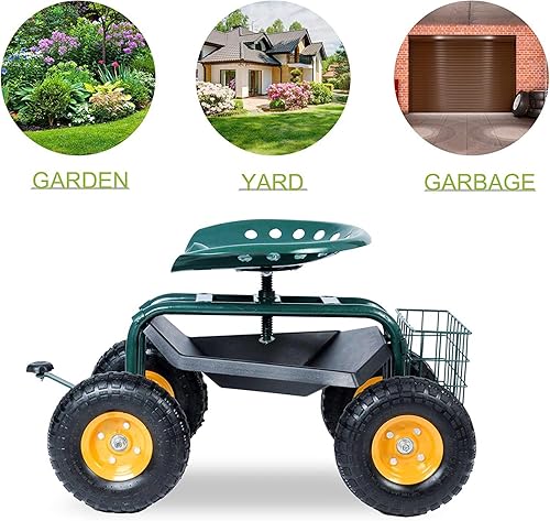 Miniatura 4 de Asiento de trabajo con ruedas orientable, carrito de taburete de jardín con bandeja de herramientas y cesta de almacenamiento, scooter resistente,