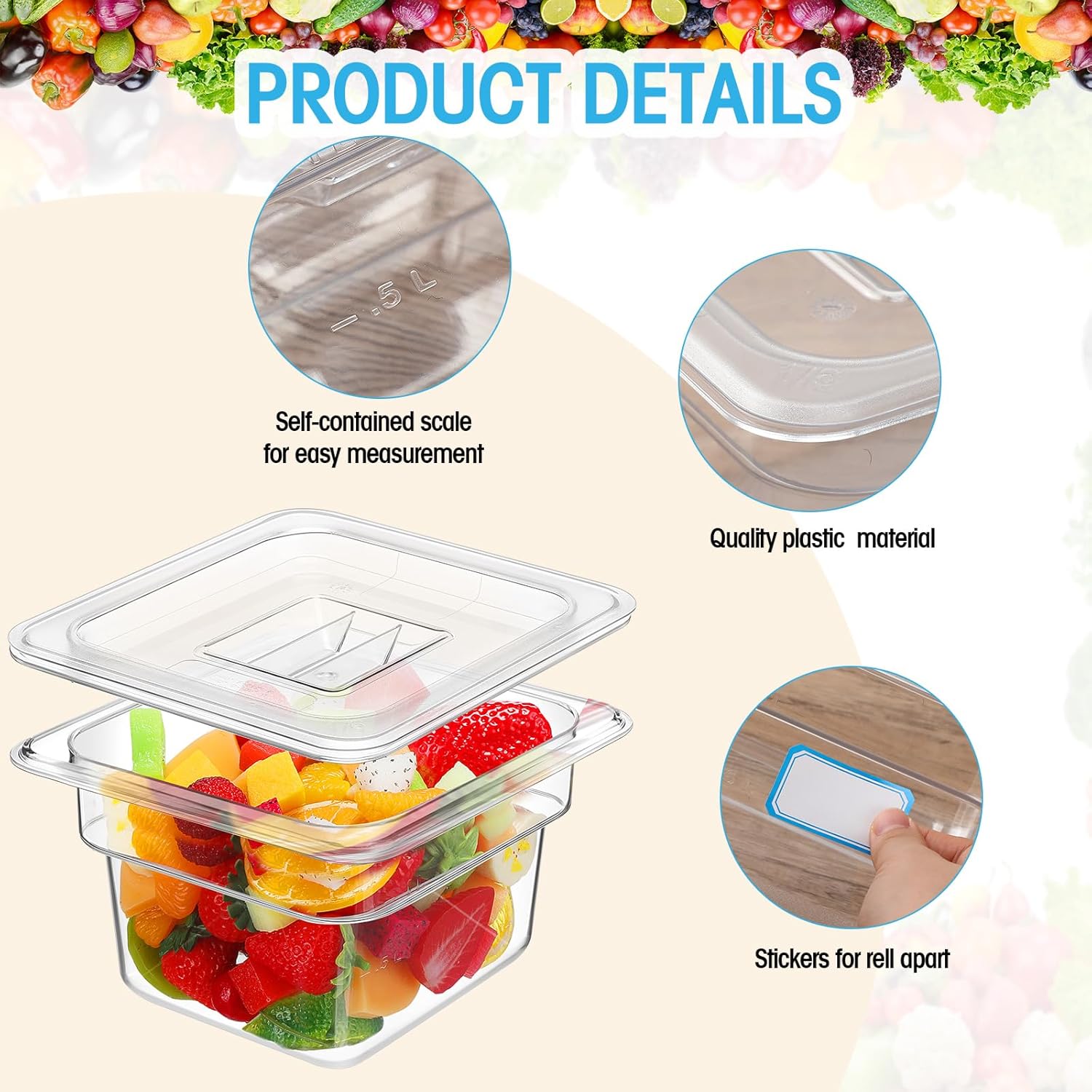 15 Pcs Plastic Clear Food Pan Set, 1/6 Size Clear Food Pan with Lid, Tongs, Spoons, Stickers Stackable Food Storage Container Restaurant Hotel Commercial Pan for Fruit Vegetable (4 Inch Deep)