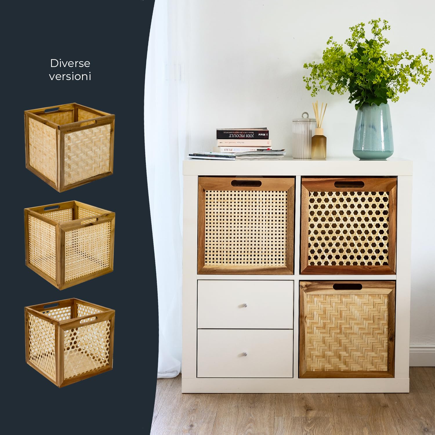 HMF Cesto portaoggetti adatto per scaffali Kallax, cesto in rattan con vimini viennese e legno di acacia, modello 3, 32 x 34 x 32 cm