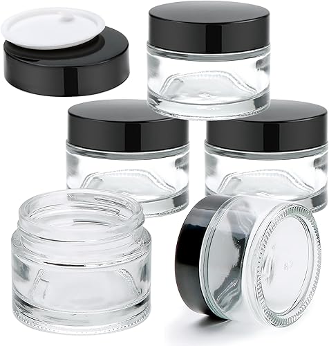 Gakshzbds Tarros de vidrio con tapas de 2 onzas, paquete de 5 frascos de vidrio pequeño transparente con tapas negras, recipientes de viaje de