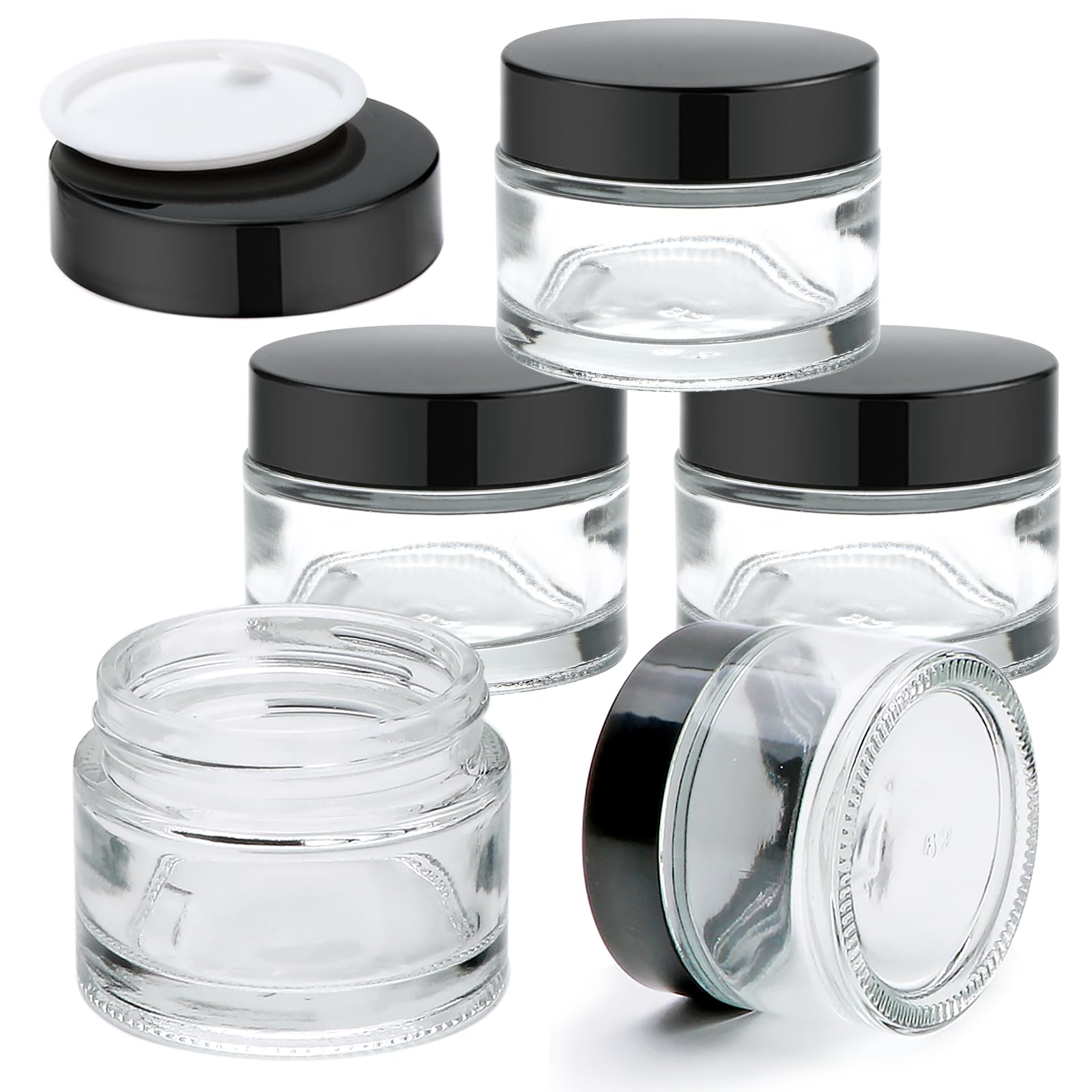 Glass Jars With Lids 2 oz 5 Pack - Clear Small Jar With Black Lids, Travel Containers With Inner Liners, Upgraded Mouth Design