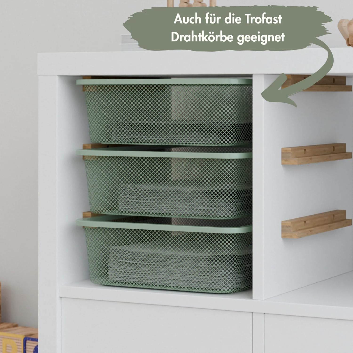 Kallax Schienen für Trofast Boxen, Halterung für drei Kisten im Regal-Fach (33x33cm), Holzschienen Einsatz zum Anschrauben, Aufbewahrung für Spielzeug (Nur Schienen)