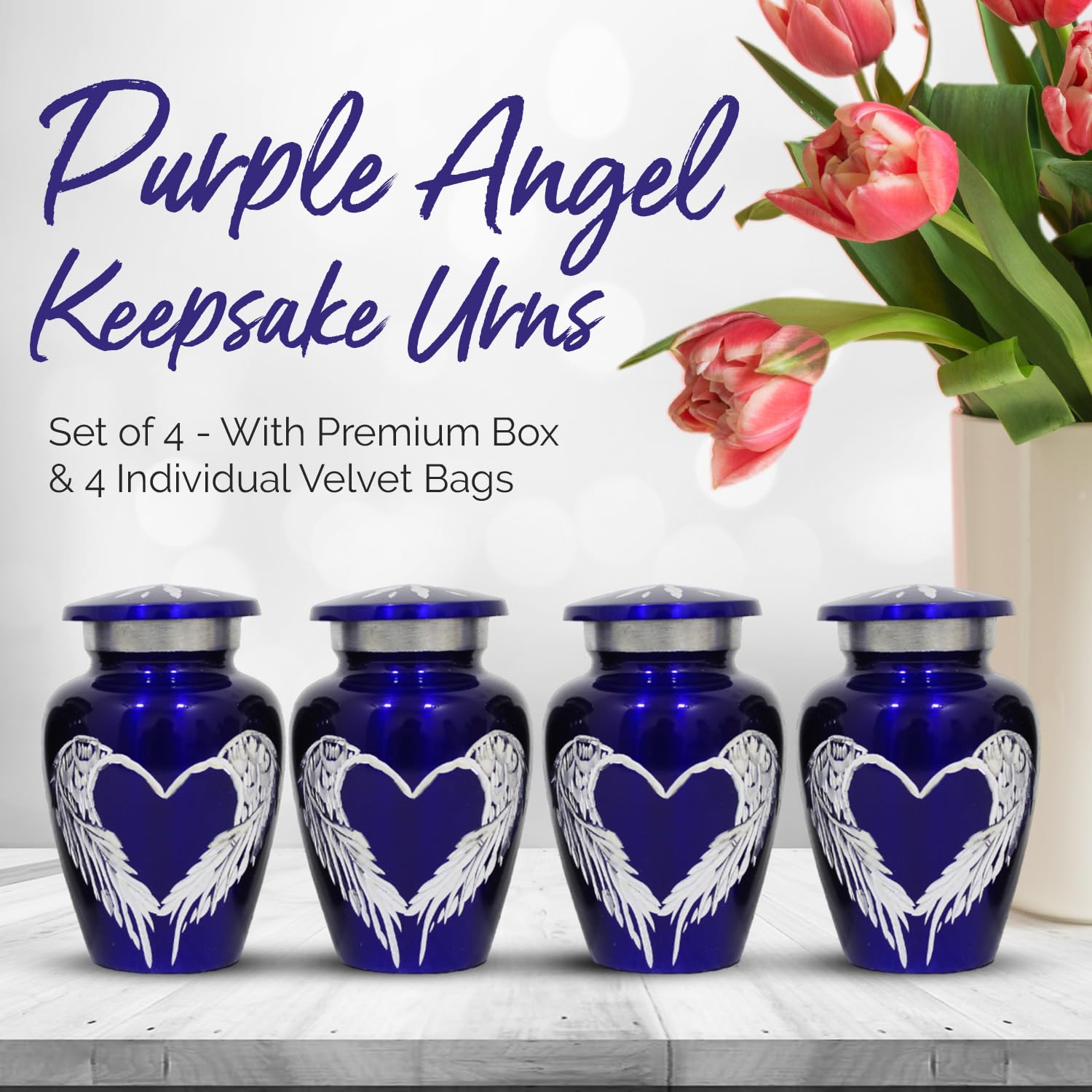 Small Urns for Human Ashes Keepsake Set of 4 - Cremation Urn for Ashes Adult Male & Female - Honor Your Loved One with Mini Memorial Funeral Urns Angel Wings (Purple, Set of 4)